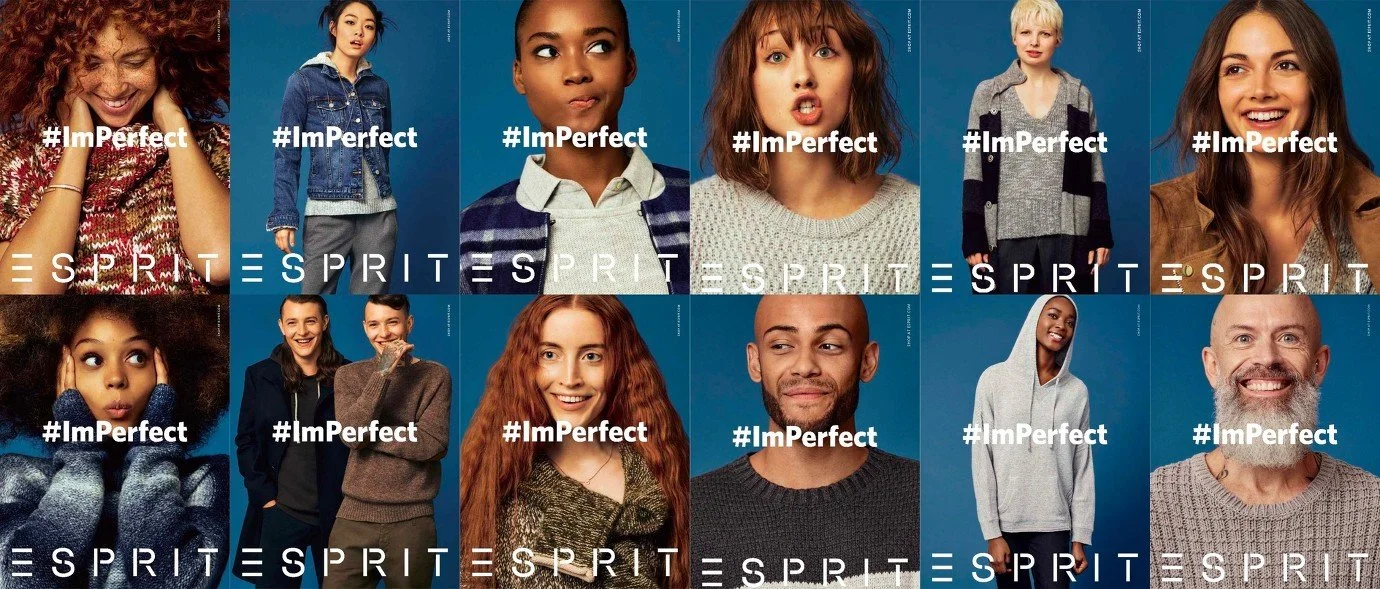 A collage of diverse people with various facial expressions, all featuring the hashtag #ImPerfect and the brand name ESPRIT.