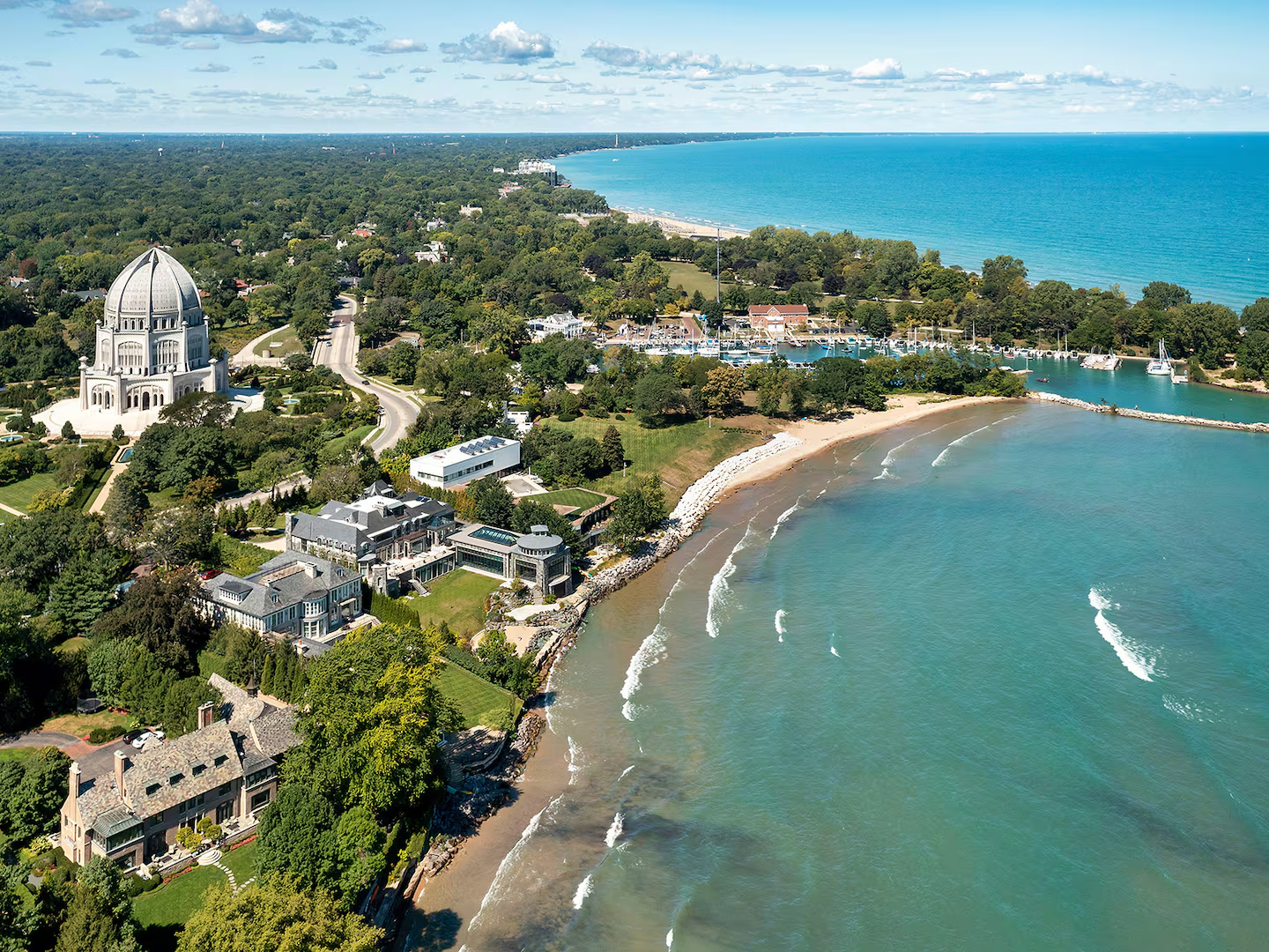 Aerial view of North Shore Chicago lakefront homes served by Clarke Architecture and Design