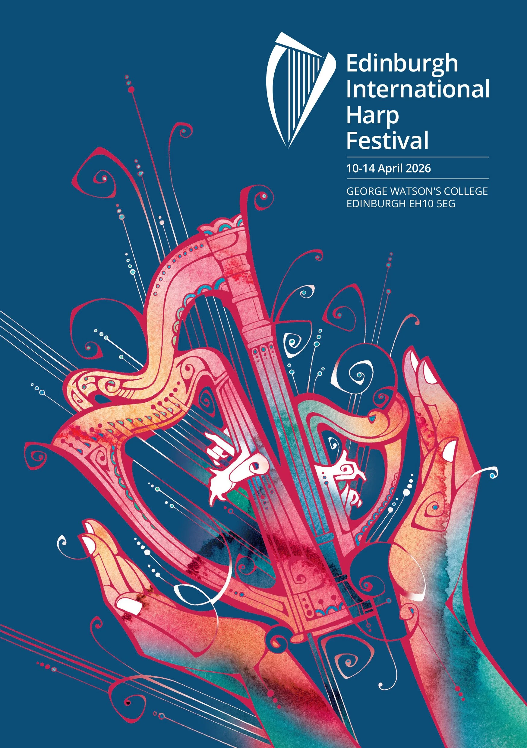 Illustrated cover for Edinburgh International Harp Festival’s 2026 brochure. Three harps, floating in hands, painted in bright watercolour, outlined in red ink.