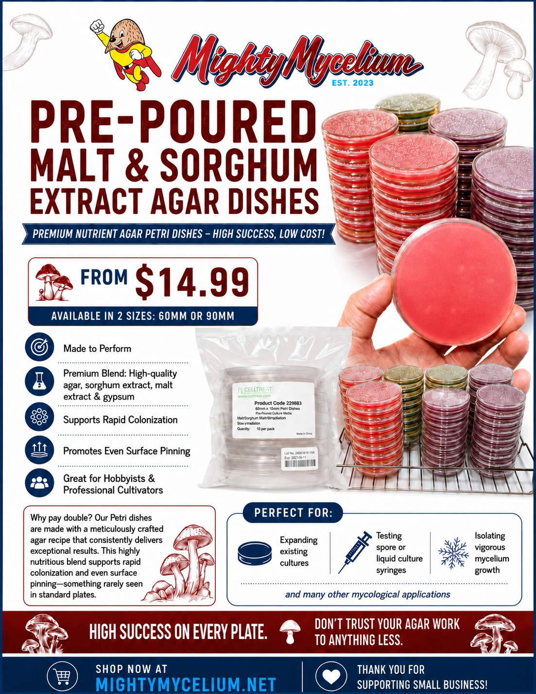Pre-poured Malt & Sorghum Extract Sealed Agar Dishes 90 & 60mm (Packs of 10)