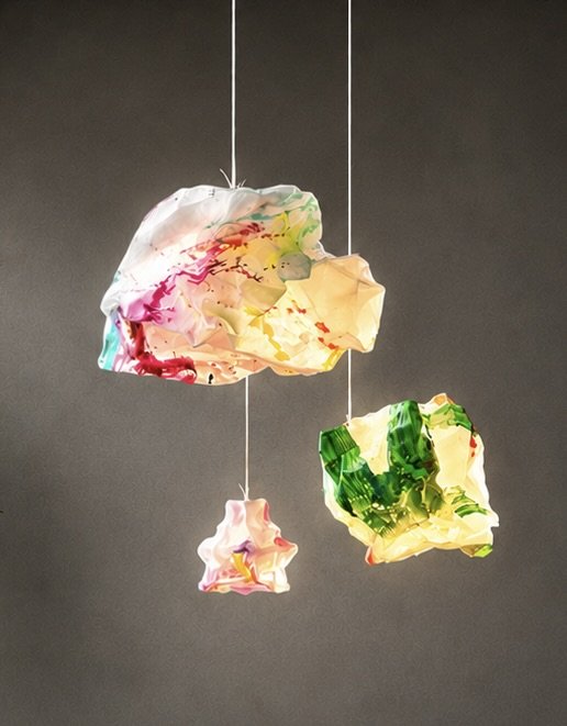 LED light fixtures, proprietary plastic, collage and wire