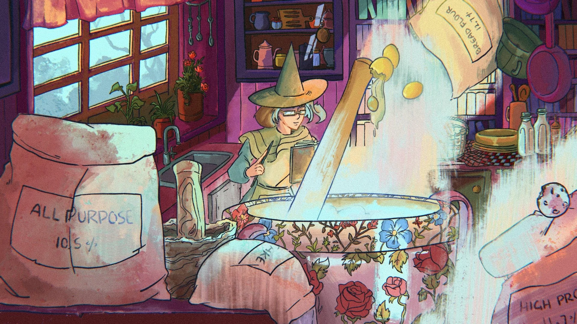 A witch pouring flour into a cauldron with different protein levels of flour scattered around her kitche.