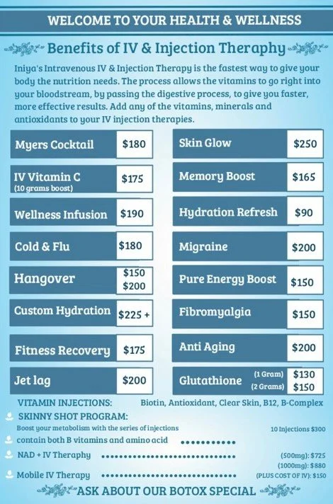 A menu titled 'Benefits of IV & Injection Therapy' listing various IV therapy options and their prices, including Myers Cocktail, IV Vitamin C, Wellness Infusion, Cold & Flu, Hangover, Custom Hydration, Fitness Recovery, Jet lag, and additional options like Skin Glow, Memory Boost, Hydration Refresh, Migraine, Pure Energy Boost, Fibromyalgia, Anti Aging, and Glutathione.