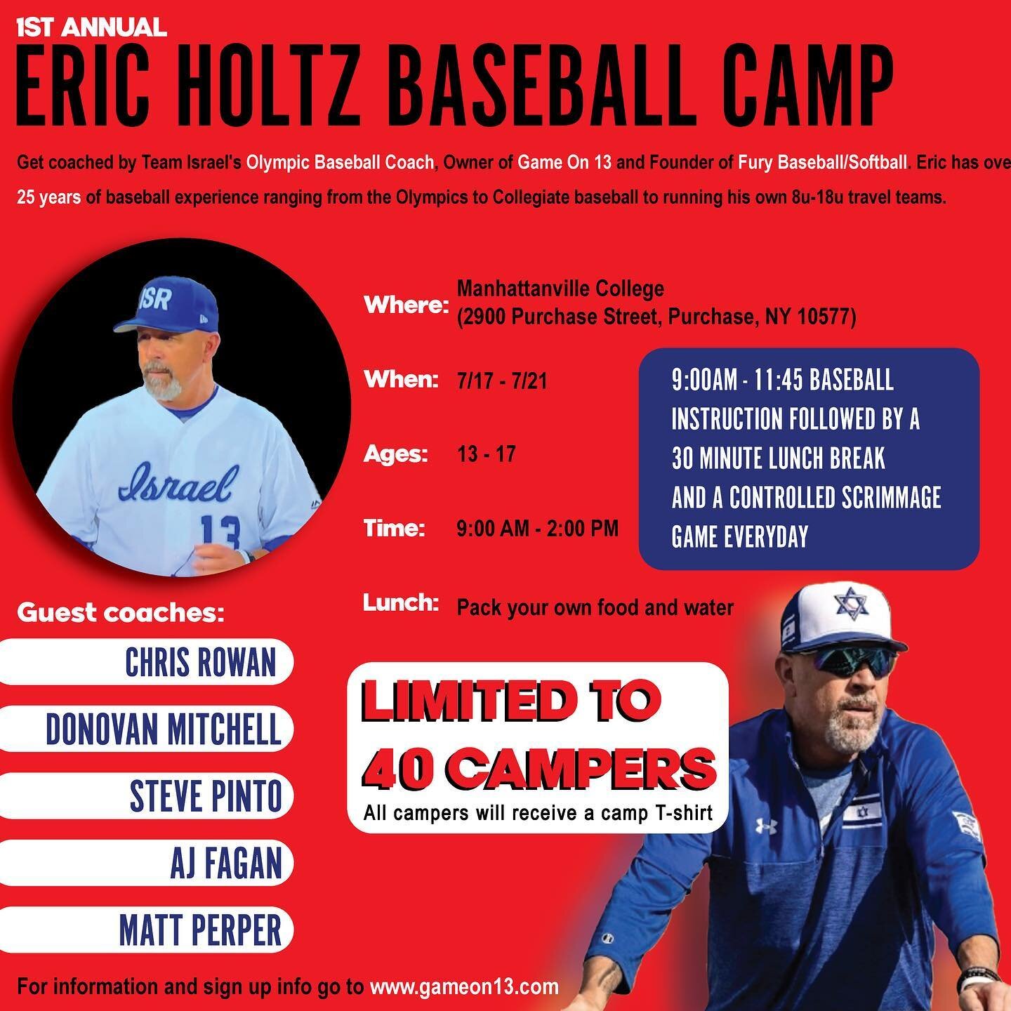 We are excited to announce our 1st Annual Eric Holtz Baseball Camp! An opportunity to work with Olympic Manager Eric Holtz as well as 5 incredible guest coaches for a full week!

More information in the graphic and sign up is LIVE in our story and on