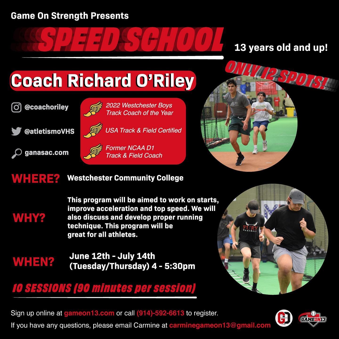 Great opportunity for all athletes to improve speed by working with Coach Rich O&rsquo;Riley who is a USA Track &amp; Field coach!

*ONLY 10 SPOTS LEFT! SIGN UP AT GAMEON13.COM*

#speed #baseball #collegebaseball #westchester #summer #fast