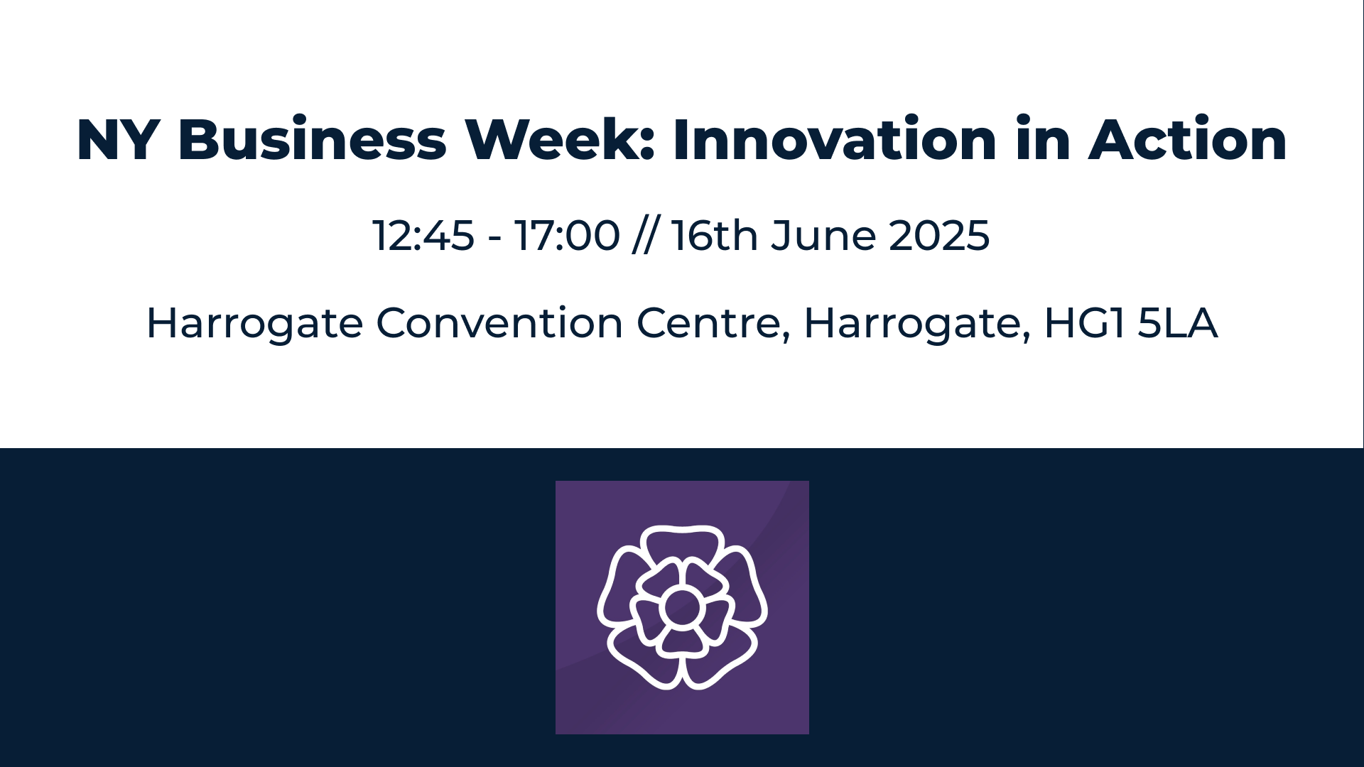 Event poster for NY Business Week with details about the date, time, and location, featuring a purple flower icon at the bottom.