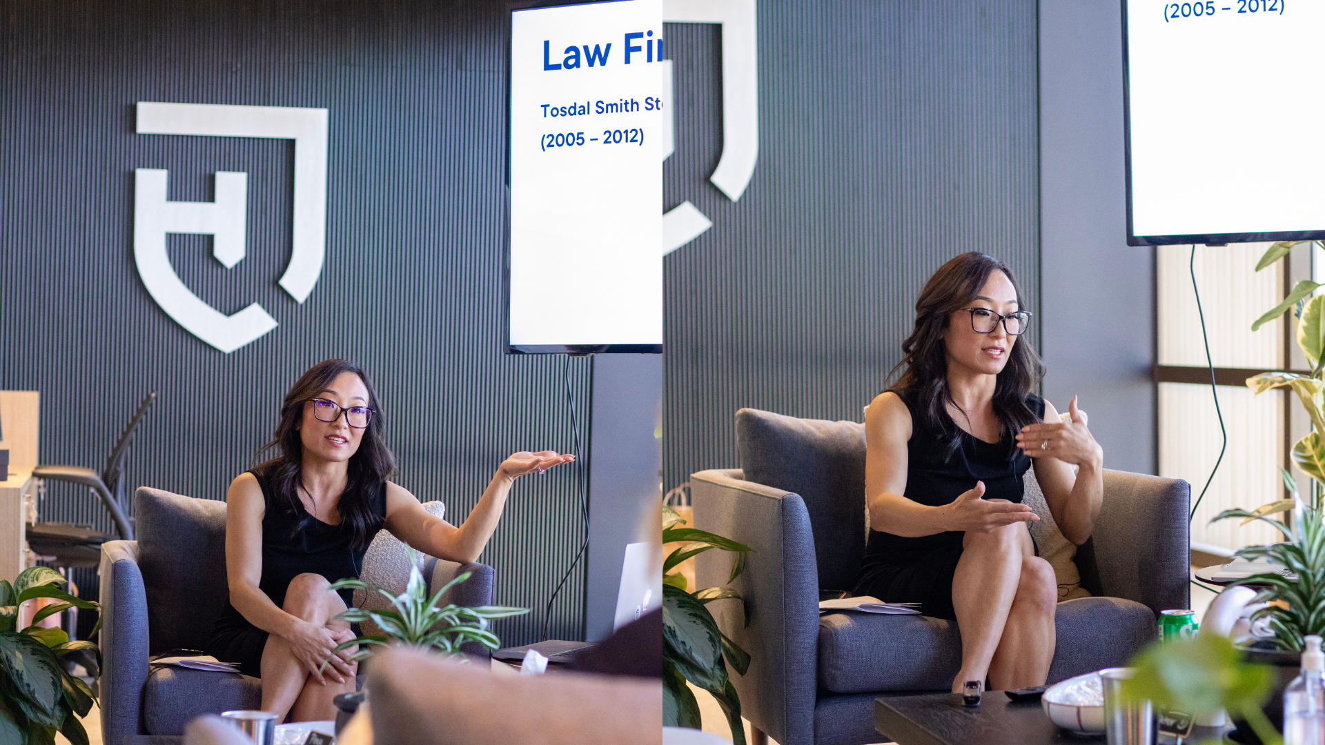 Split image of a woman with glasses and dark hair, sitting on a gray couch in a modern office or meeting room, gesturing with her hands while explaining or discussing something.