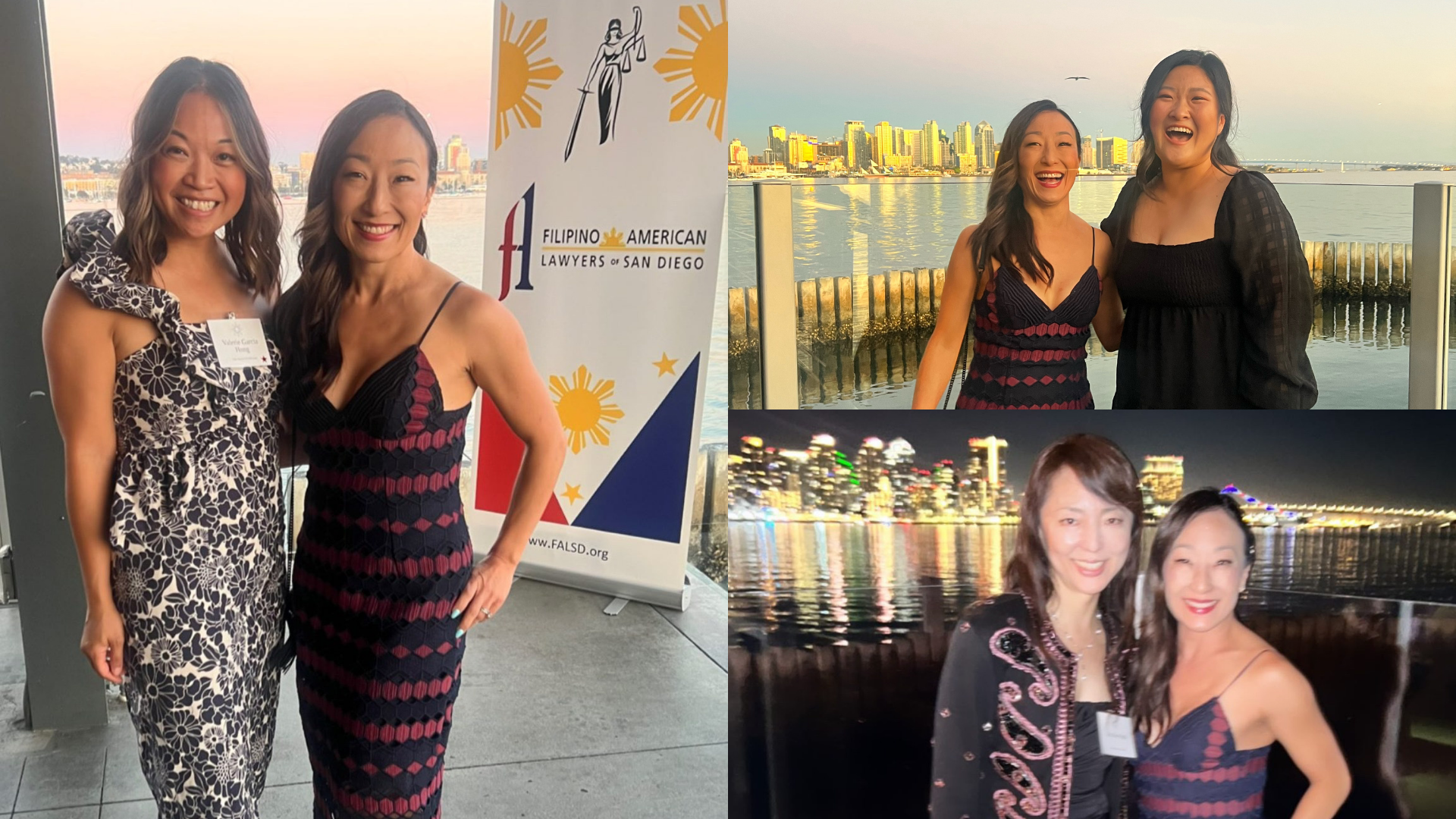 Collage of three photos featuring two women at a waterfront event in San Diego during sunset and night. In the first photo, they are standing in front of a sign with a city skyline visible in the background. The second photo shows them smiling on a balcony with the city skyline across the water. The third photo depicts them smiling with a city skyline illuminated across the water at night.