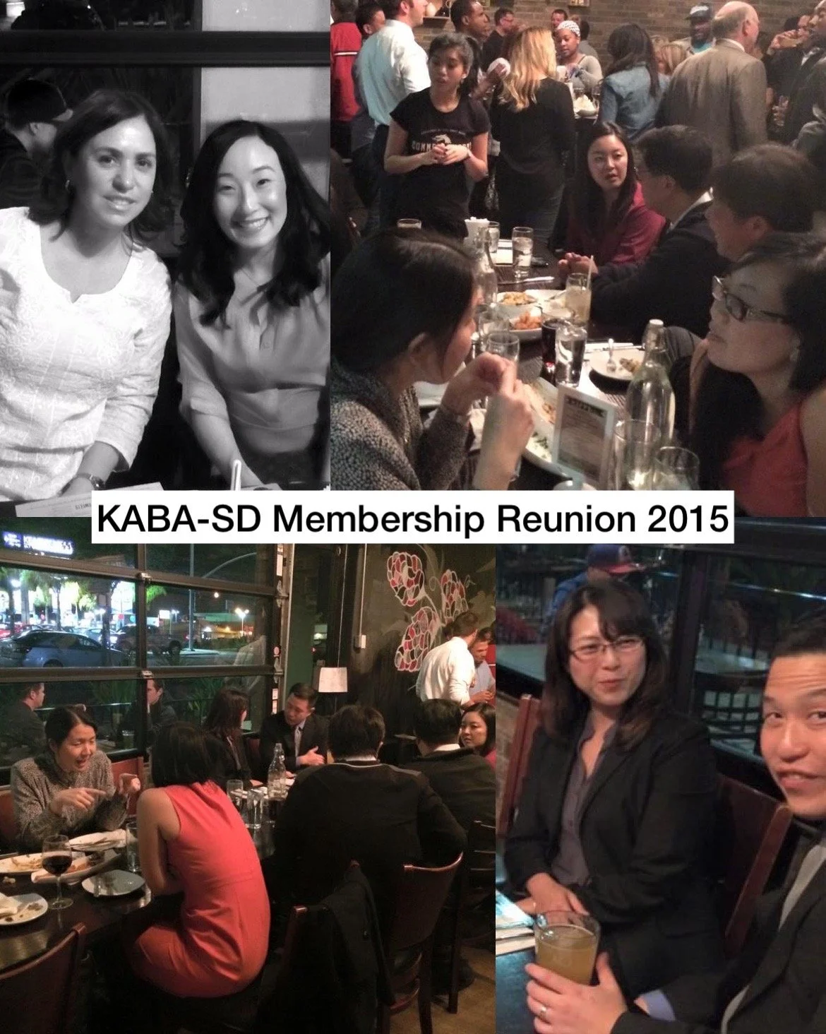 Group photos from KABA-SD Membership Reunion 2015 at a restaurant, showing people dining and socializing.
