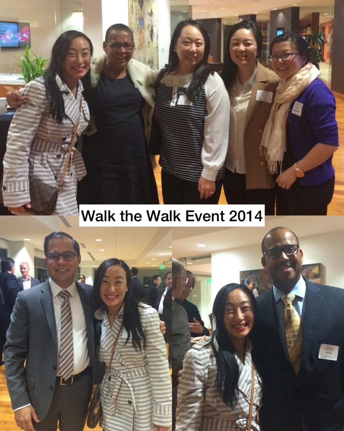 Group photos from the 2014 Walk the Walk Event, featuring women in professional attire and men in suits, taken indoors at a corporate or event venue.
