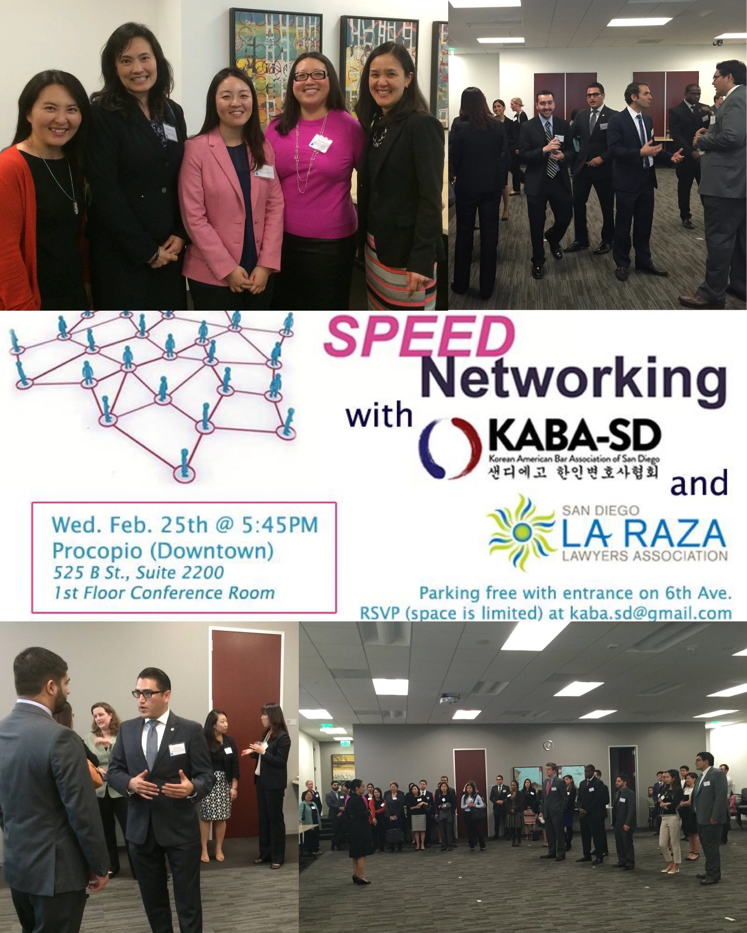 A collage of four images from a networking event. The top left shows five women smiling and posing for a photo. The top right depicts a group of people in business attire socializing in a conference room. The bottom left shows two men in suits engage