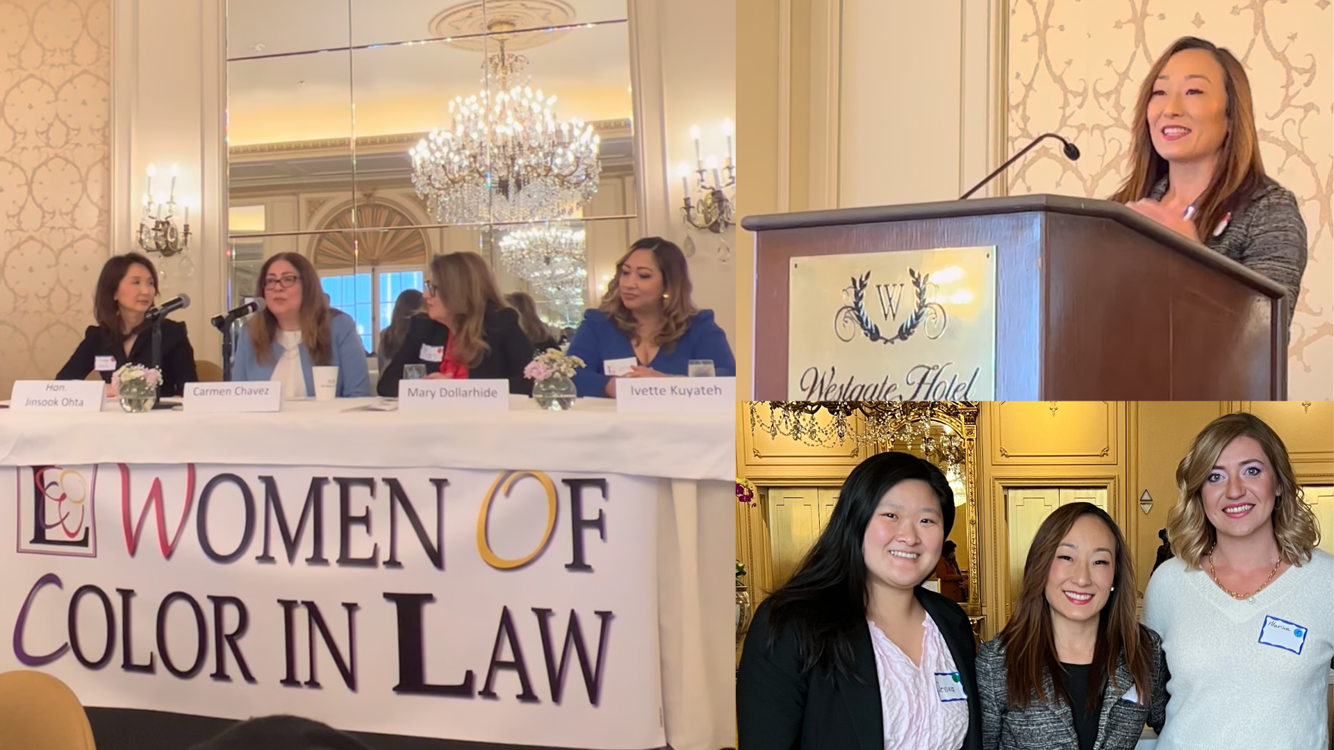 A panel of women women speaking and sitting at a table with a sign that reads 'Women of Color in Law' at a conference or event. A woman is speaking at a podium in the background. A group of women posing for a photo in a decorated room.