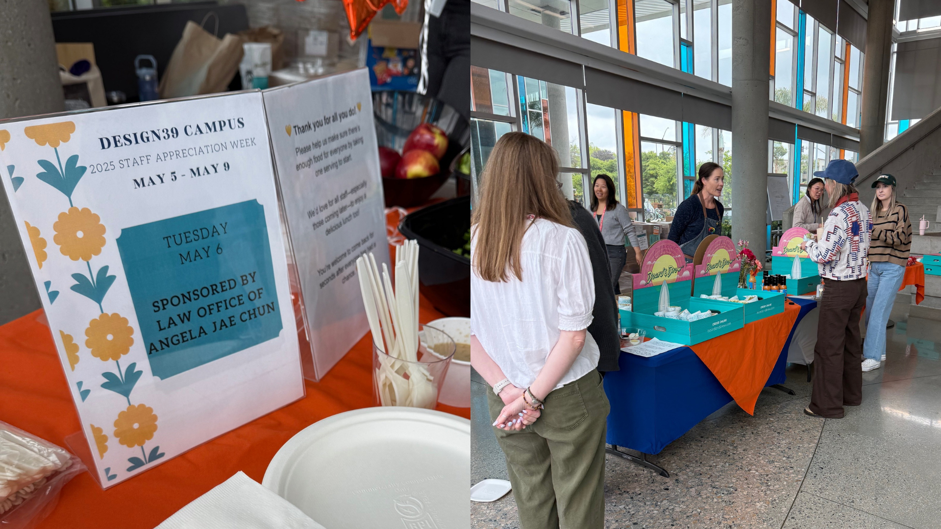 A staff appreciation lunch in a school lobby. The photo on the left has a flyer saying the staff lunch is sponsored by the Law Office of Angela Jae Chun. The photo on the right has Board and Brew sandwiches on the tables and women standing around.