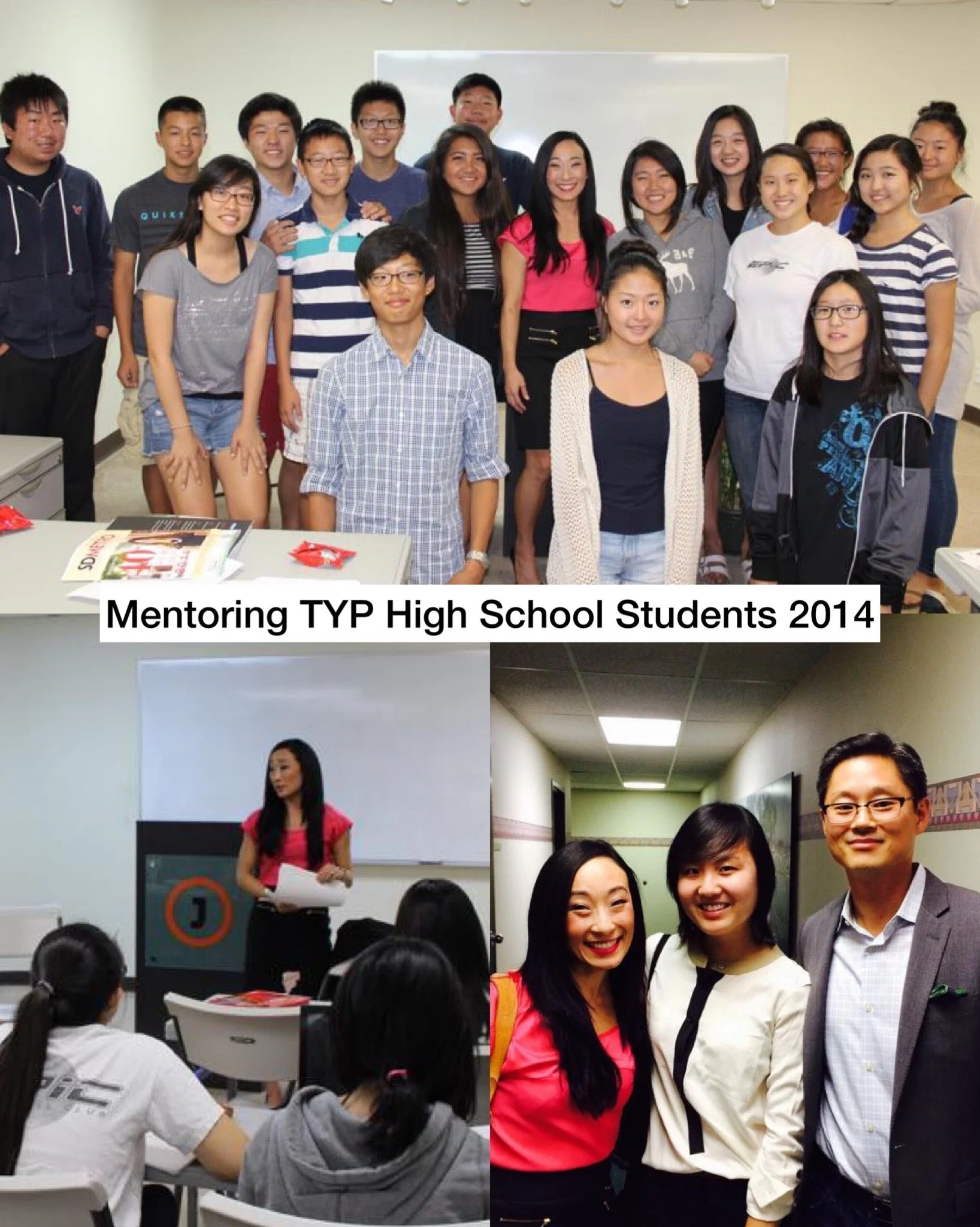 Group photo of mentoring TYP high school students in 2014, showing diverse students and mentors in classroom and hallway settings.