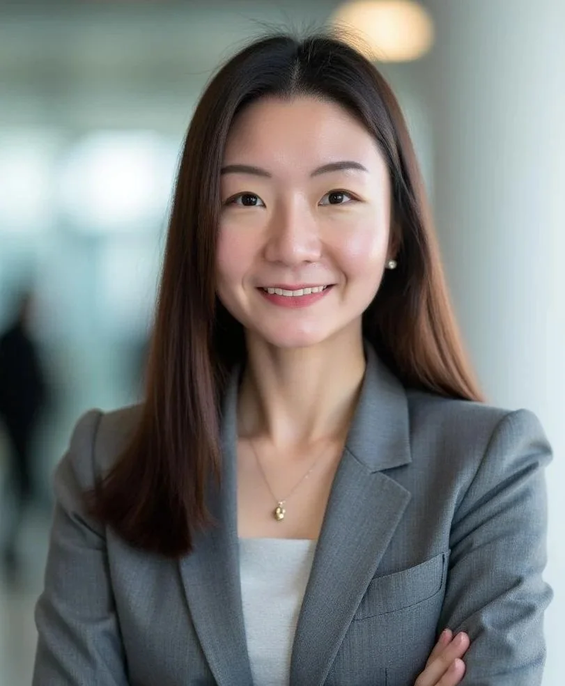 A young woman with long dark hair, wearing a black blazer and black top, looking at the camera with a neutral expression, indoors with blurred warm lighting and large windows in the background.