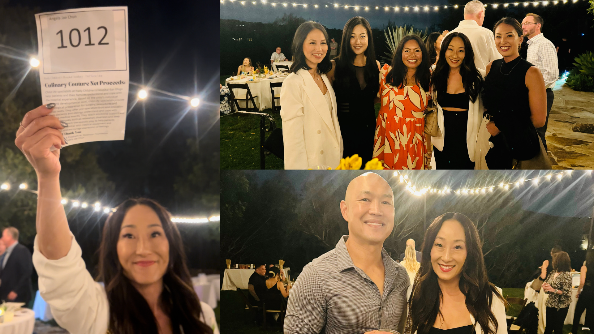 Group of people at an outdoor evening event, smiling, with string lights overhead, some holding drinks, with a table and seated guests in the background. One woman is holding an auction number. There is a couple standing together smiling.