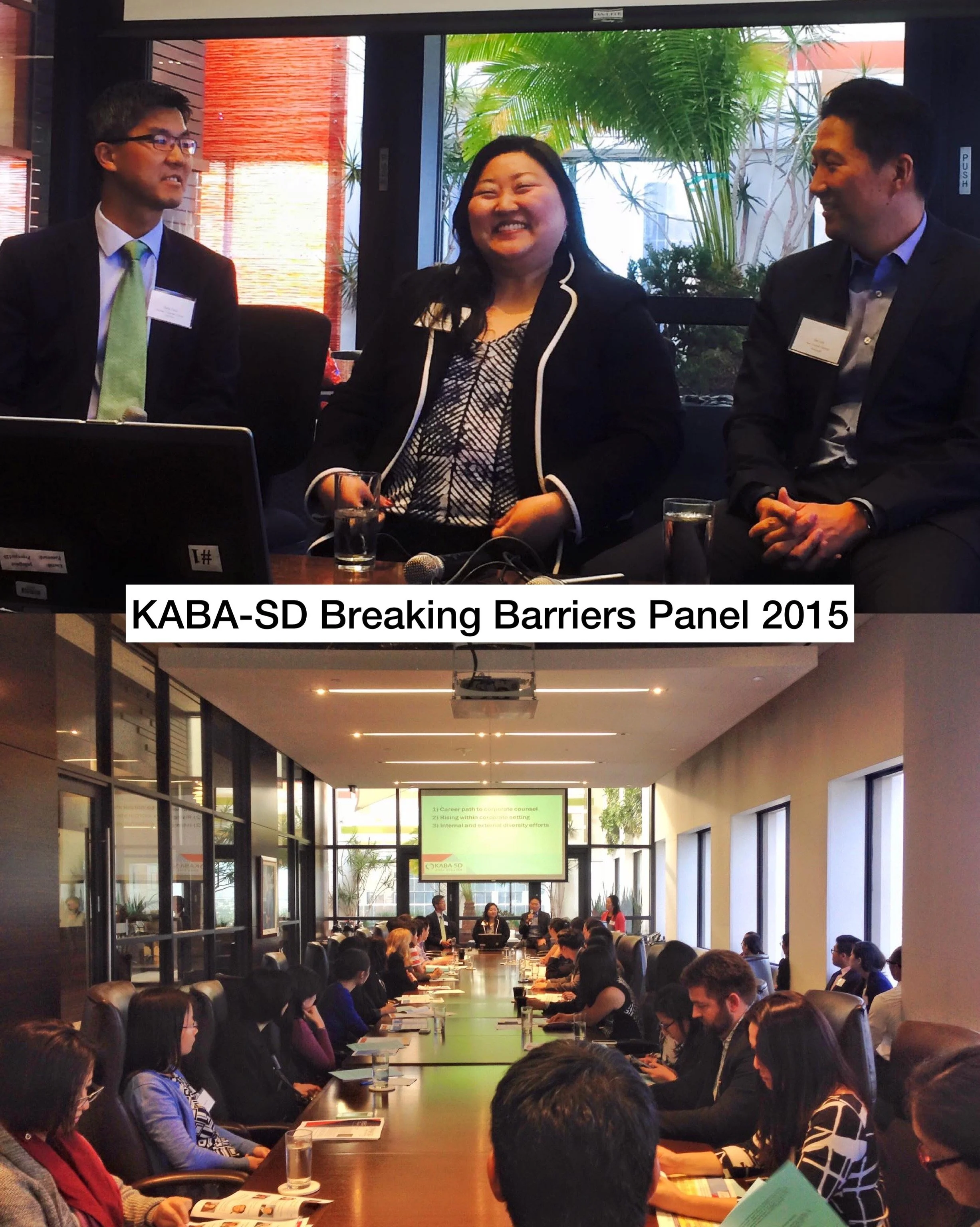 At a panel discussion titled 'KABA-SD Breaking Barriers Panel 2015', three speakers sit at a table with microphones, glasses of water, and a laptop, in front of an audience of professionals seated around a long conference table in a modern, well-lit 