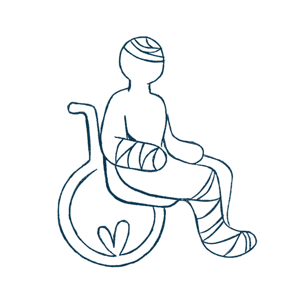 Line illustration of an injured person in a wheelchair, symbolizing personal injury.