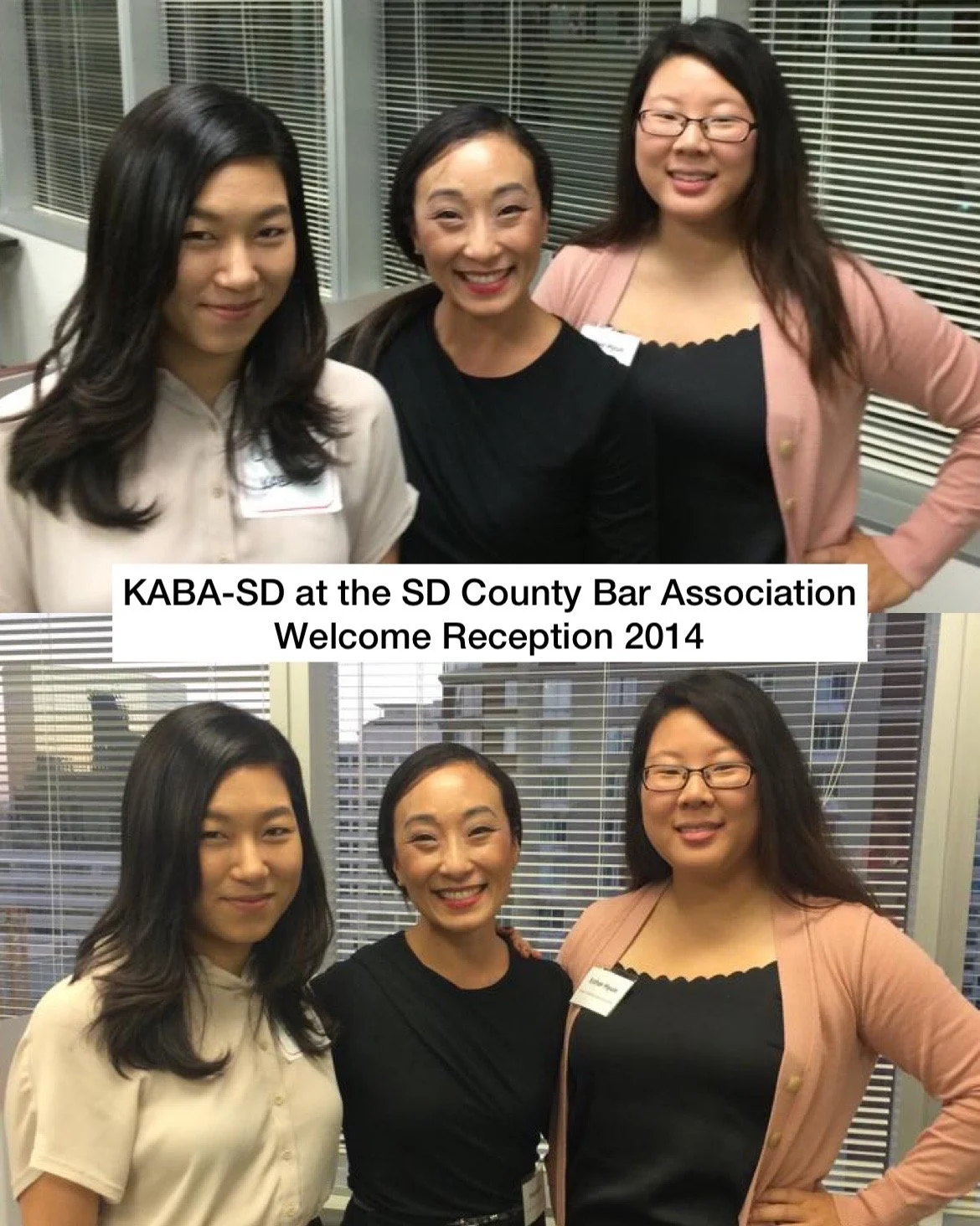 Three women at a conference reception, smiling for a photo, with blinds in the background. The event is the SD County Bar Association Welcome Reception 2014.