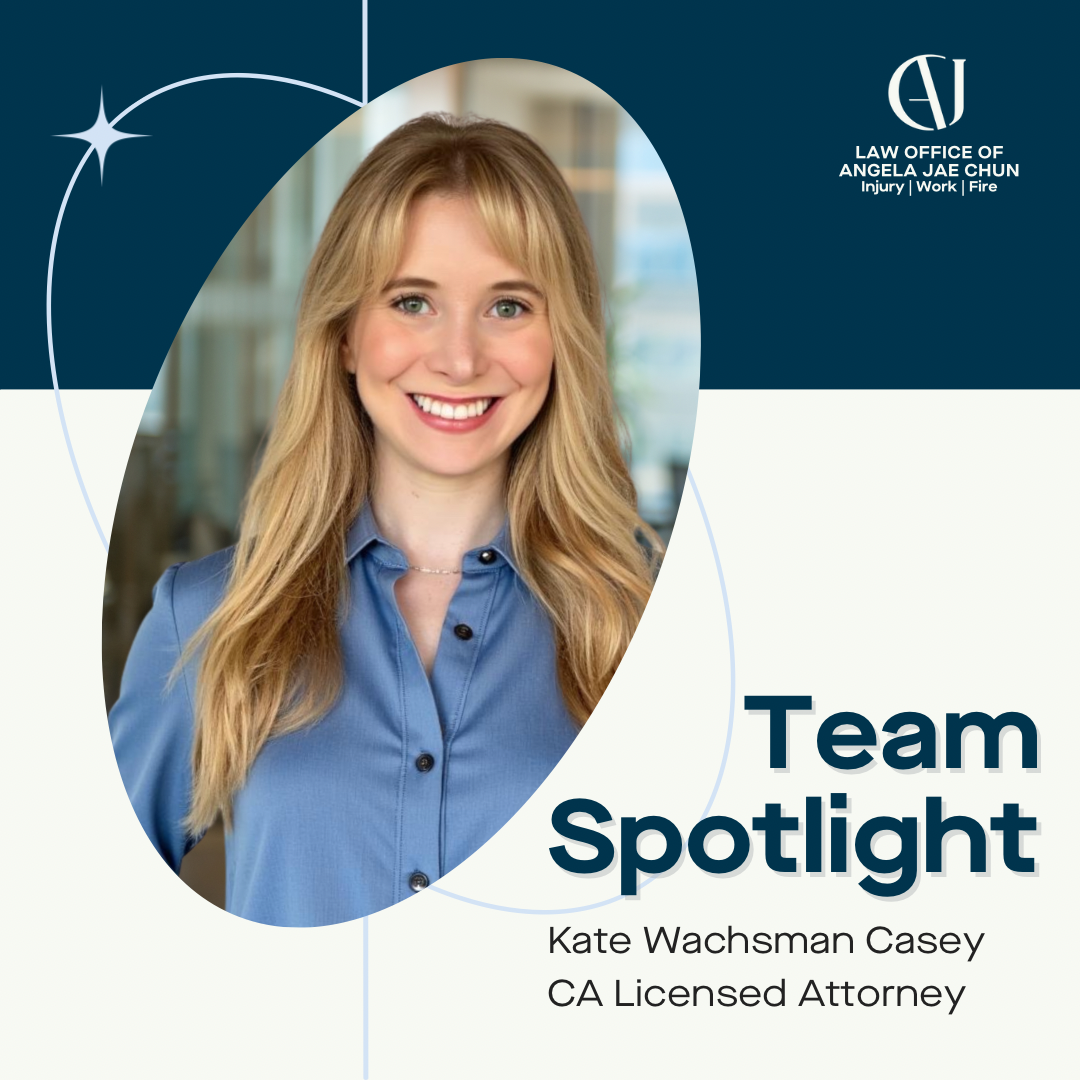 Professional portrait of a woman with on-image text reading ‘Team Spotlight,’ identifying Kate Wachsman Casey as a California-licensed attorney at the Law Office of Angela Jae Chun