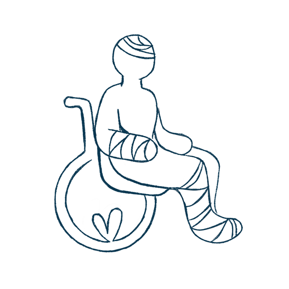 Line illustration of an injured person in a wheelchair, symbolizing personal injury.