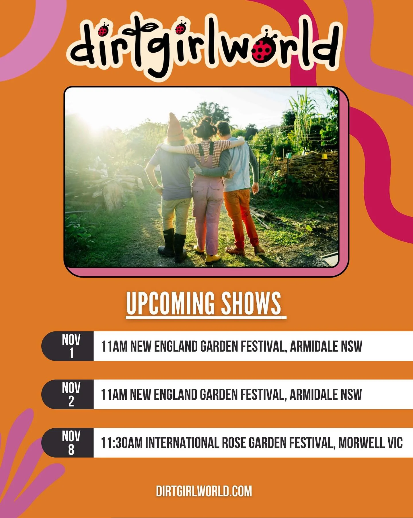 Upcoming shows 🧡🧡🧡

Costa the garden gnome, Scrapboy &amp; I are hitting the road over the next two weeks! 🚐 ✨

🌱Nov 1 &amp; 2 - New England Rose Garden Festival, Armidale NSW (11am)

🌹 Nov 9 - International Rose Garden Festival, Morwell VIC (1