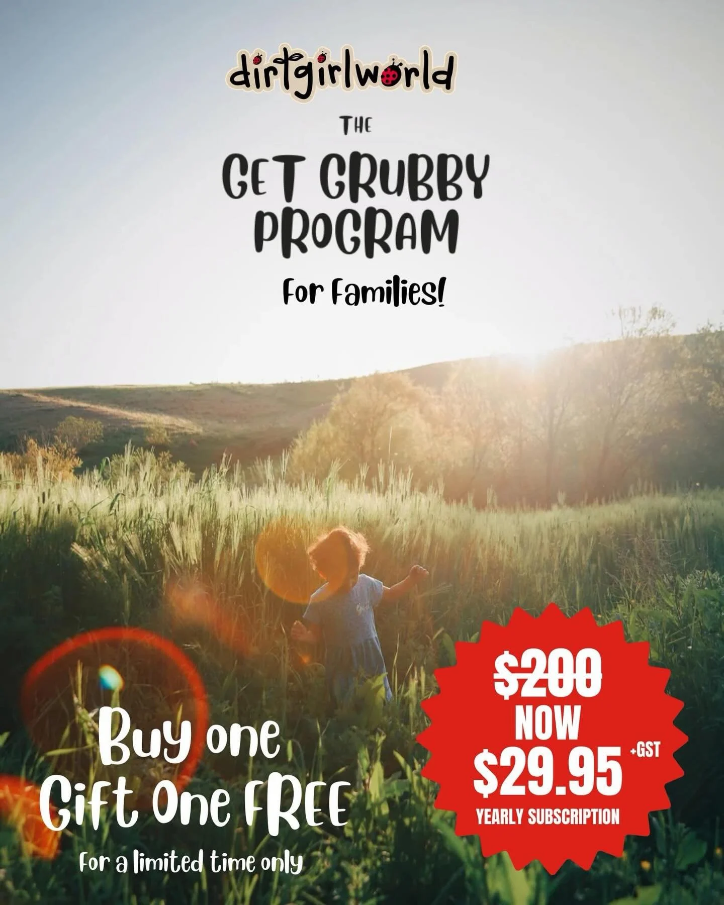 This is WILD. 🌿💛
A full year of Get Grubby Families is normally $200&hellip;
but this summer it&rsquo;s just $29.95 -
AND you get a second full membership to gift to another family! 🎁🌻

Two families. One tiny price.
Twelve months of eco-fun, natu
