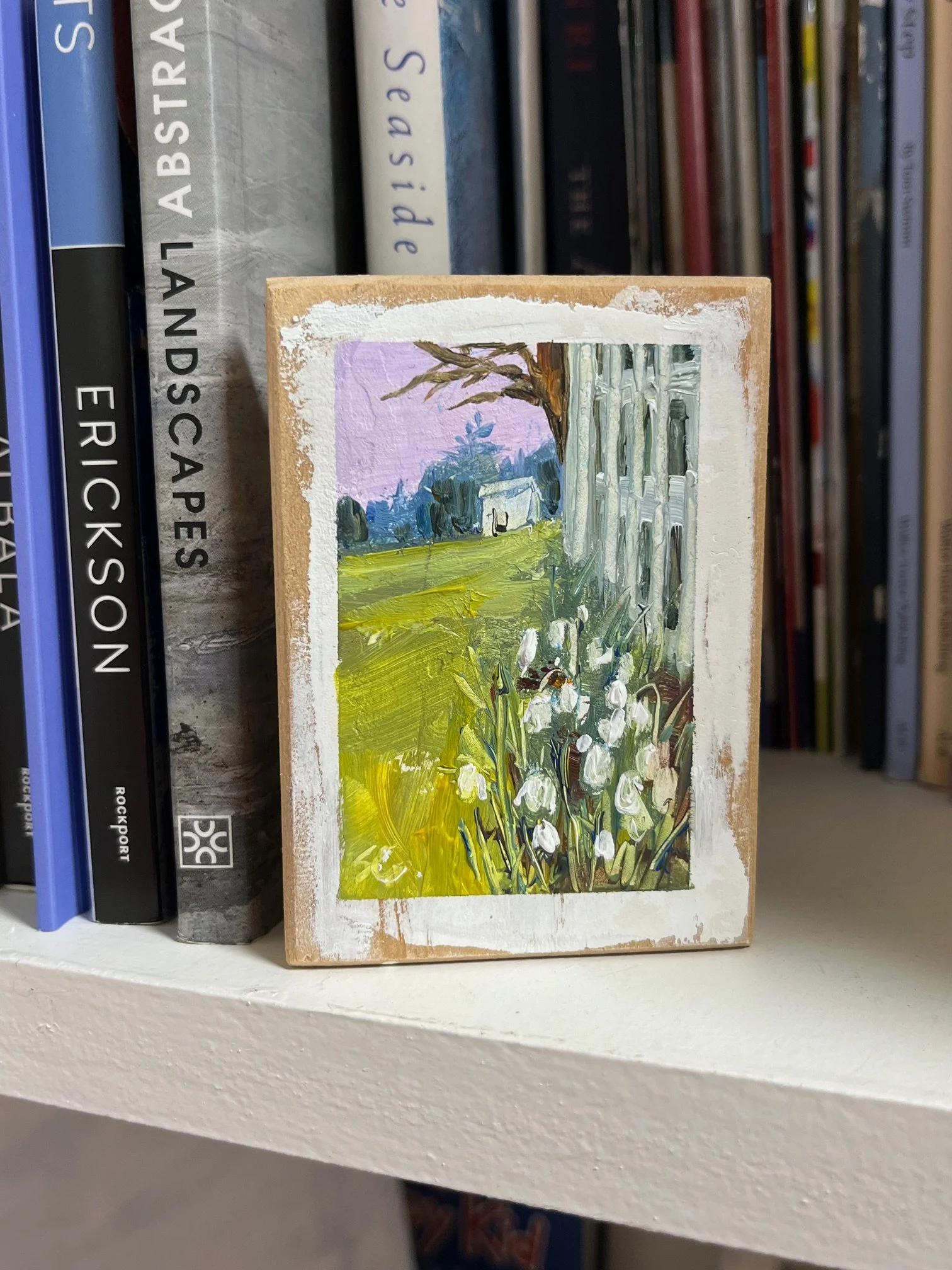 Snowdrops, 3.5 x 2.5 x .5", oil on reclaimed wood