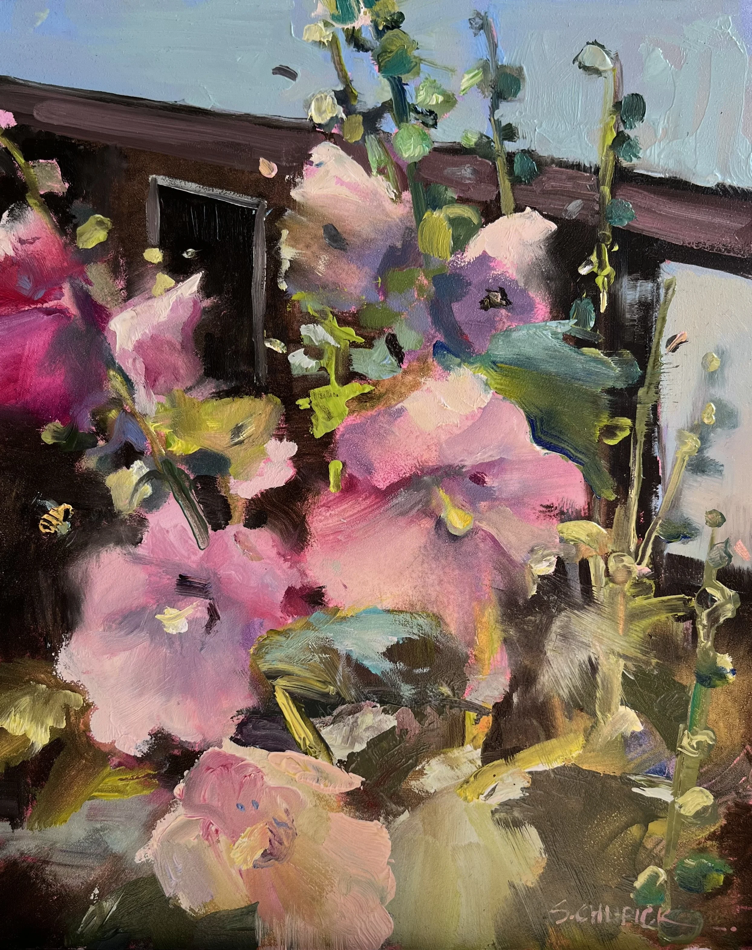 Hollyhock Buzz, 10 x 8", oil on panel