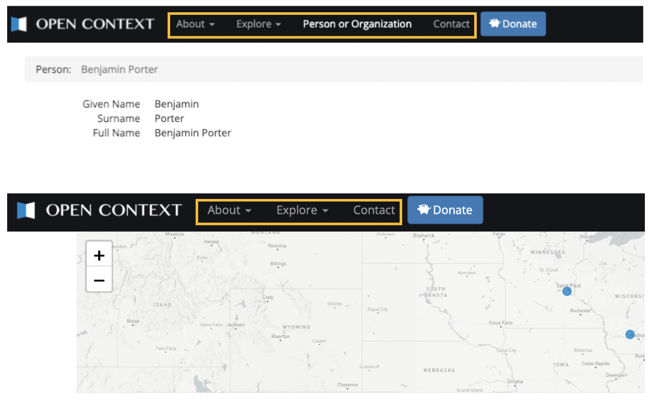the context labels in the navigation bar (Person entry vs Homepage)