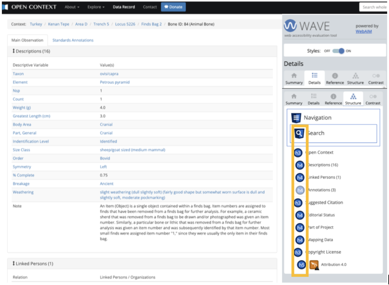 An example of the structural hierarchy on a Data Records page in Open Context. Note the lack of clear visual header on the page.