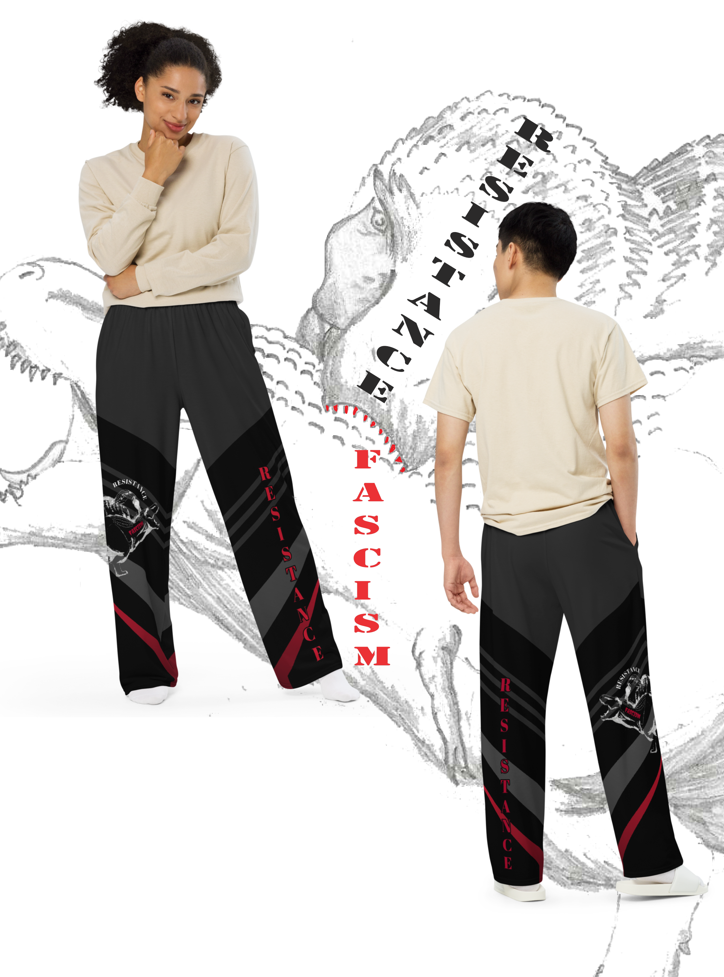 RESISTANCE UNISEX WIDE-LEG PANTS - aledinno15 - t-rex - dinosaur