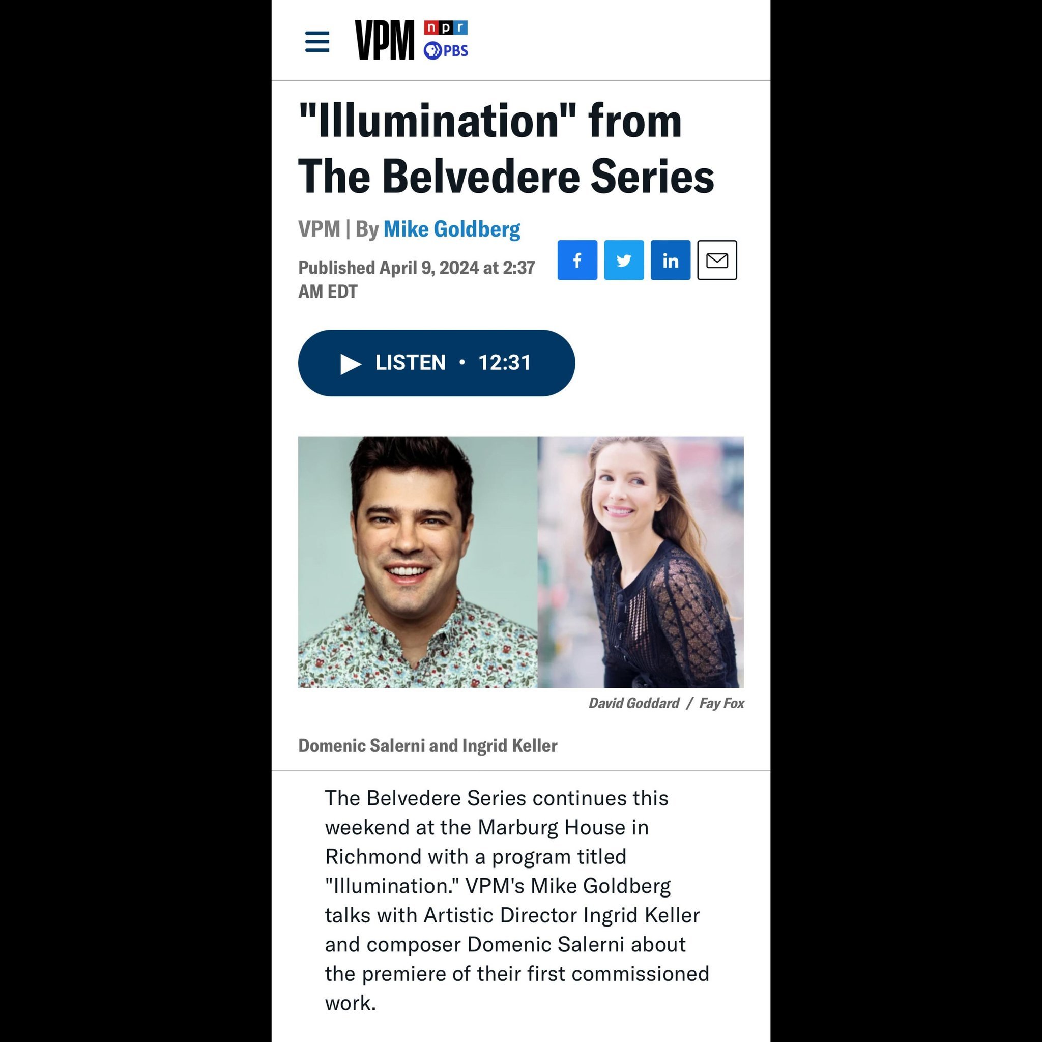 Illumination

Saturday, April 13 @ 7pm and Sunday, April 14 @ 3:30 pm
Marburg House

Thanks to @mikegoldbergmedia and @myvpm for the feature - link in bio!  a world premiere of Domenic Salerni &lsquo;Seven Meditations&rsquo; performed by violinist Re