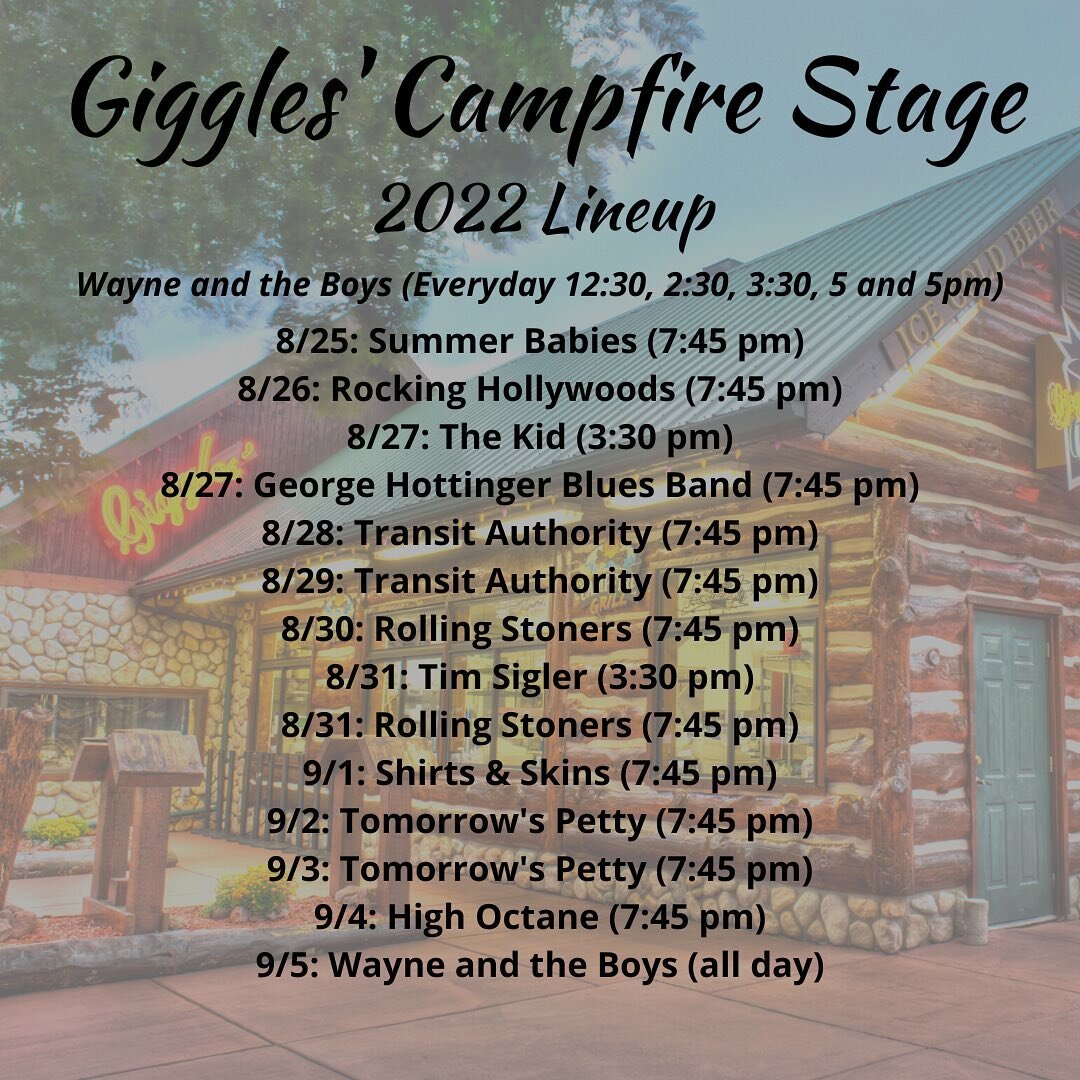 Join us for daily &amp; nightly live music! Check out the Giggles&rsquo; Campfire Stage lineup to not miss out on some of your favorites! 🎶🍻