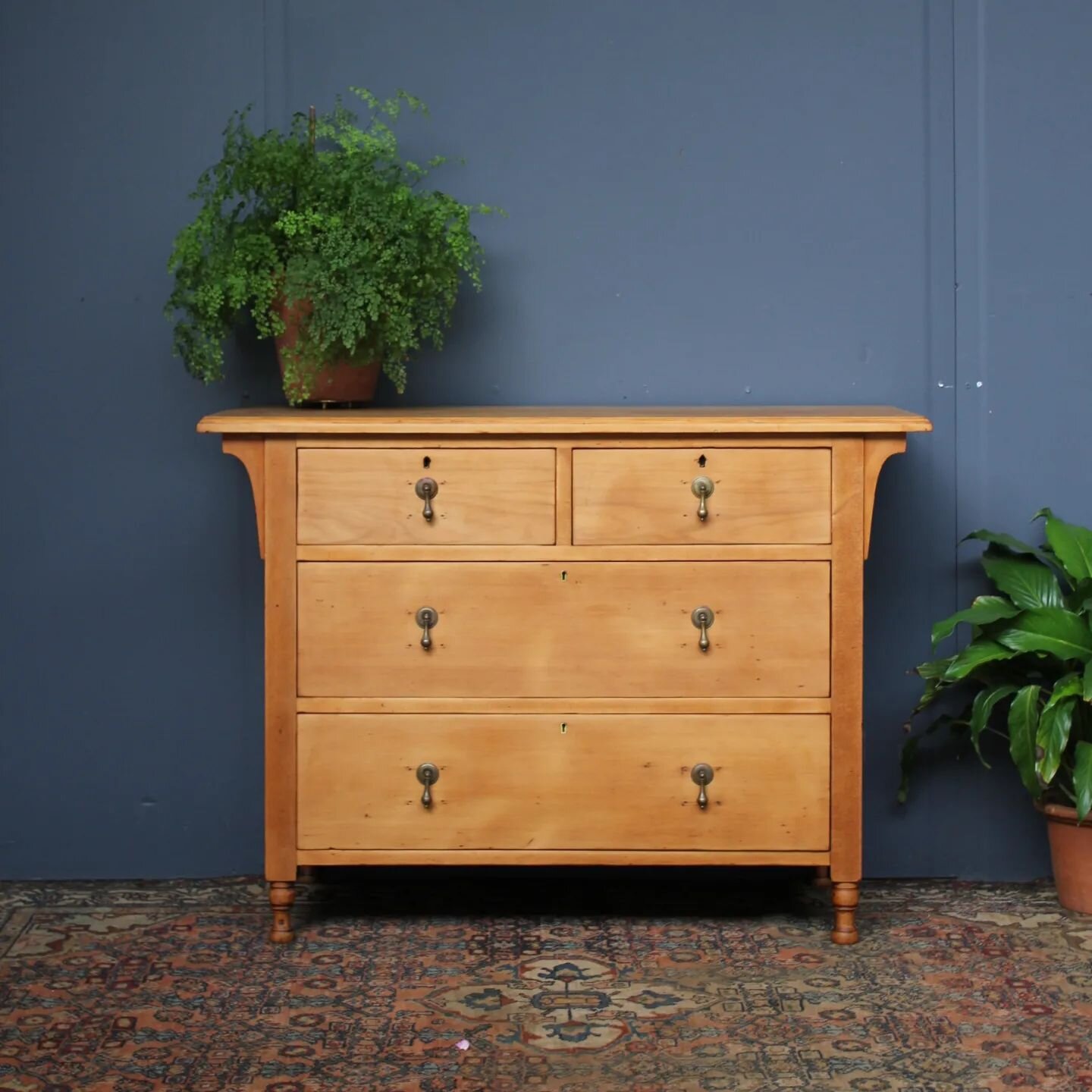 Antique Pine chest of drawers with brass drop handles.&nbsp; Circa 1900.&nbsp; Natural waxed finish.&nbsp; They measure 1150mm wide x 485mm and is 840mm high. $540