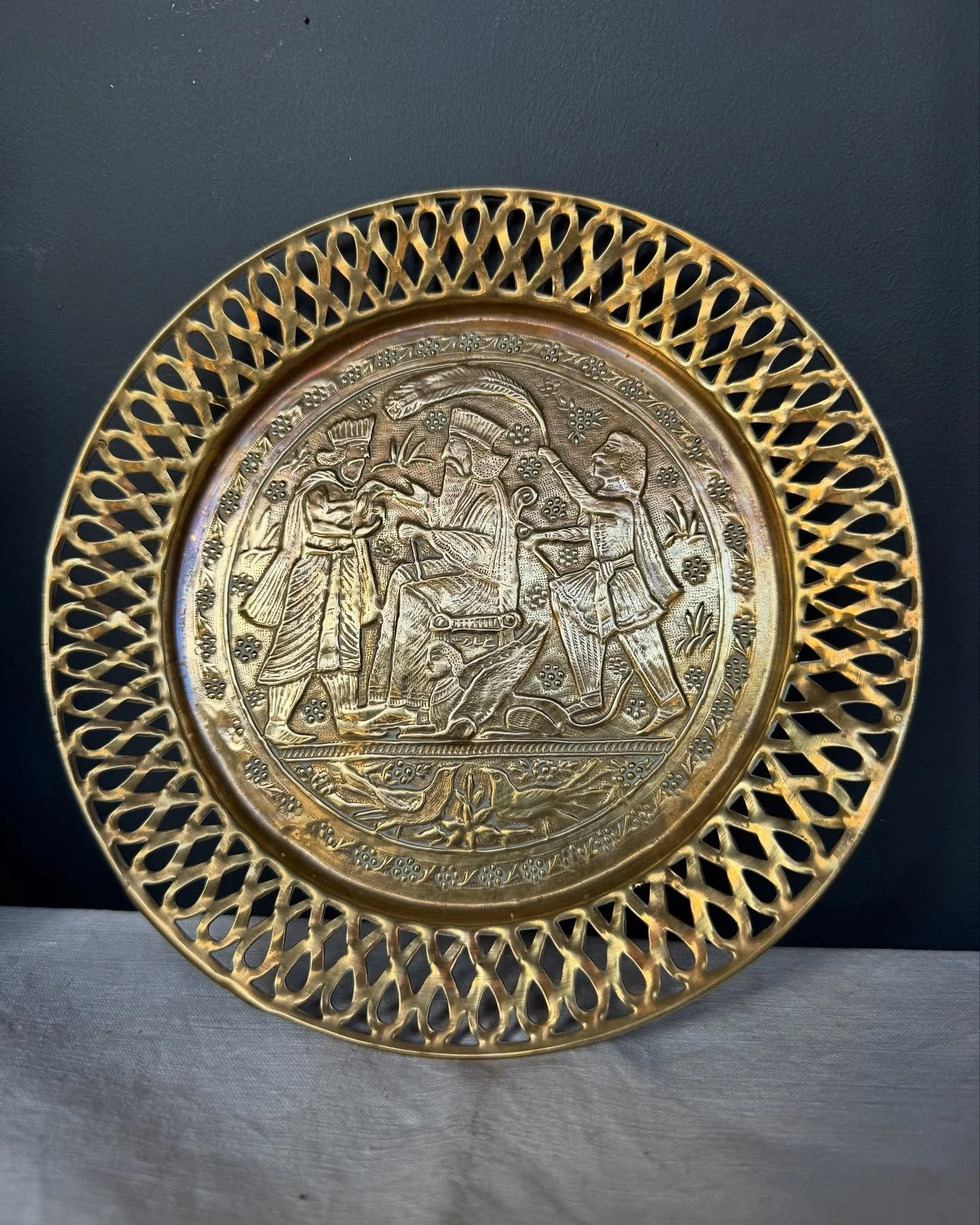 Beautiful Persian, vintage brass plate with pierced border. Very festive looking scene. 
It measures 195mm across 
$60
Postage $11.95 Australia wide.
Comment sold to purchase &amp; we will reply &amp; message to confirm.
We are always happy to combin
