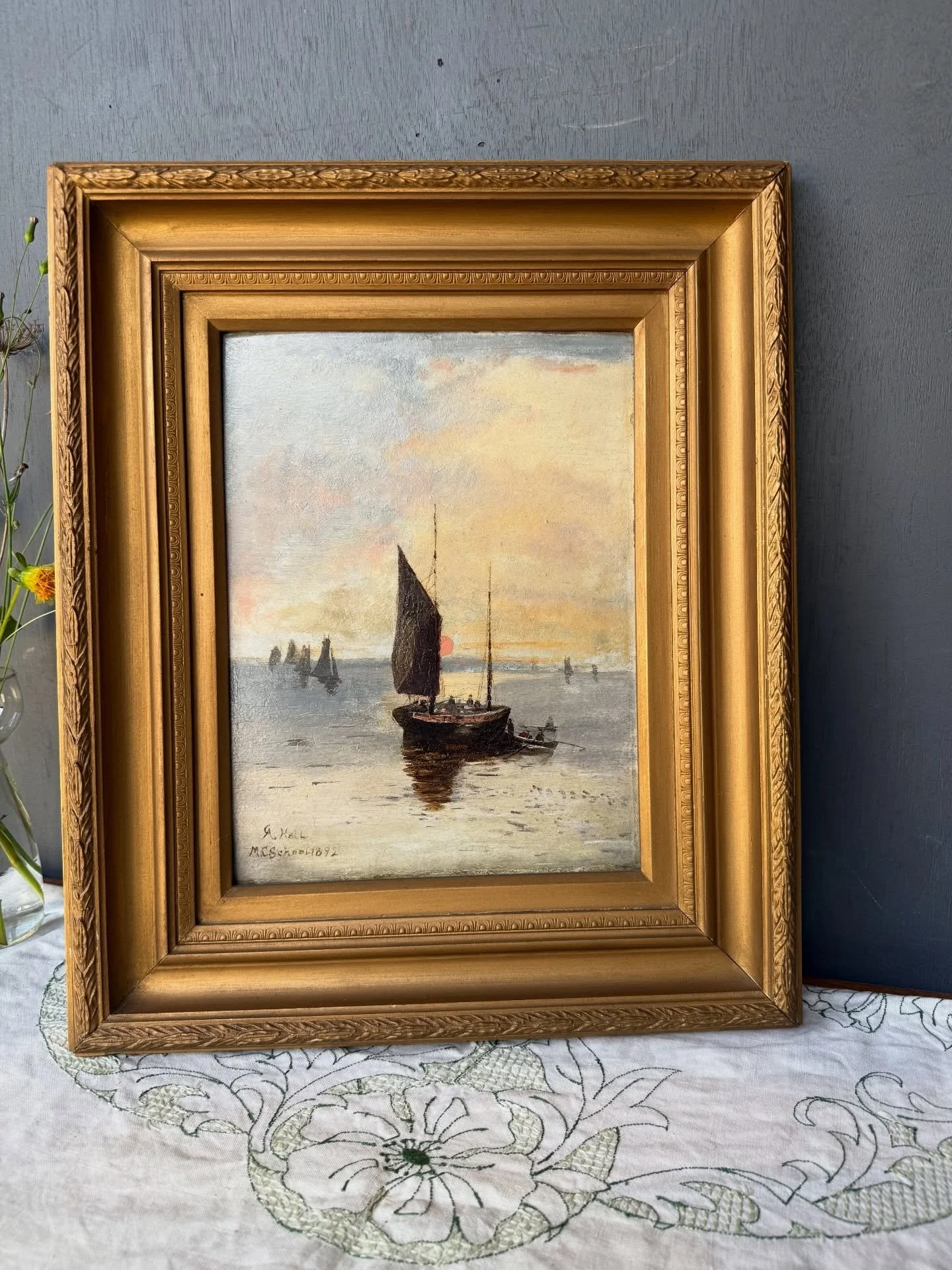 19th Century, oil on board.  English.  A serene seascape.  Signed A Hall, M.C School 1892.  To the back it is also signed &ldquo;Albert Hall&rdquo;  Measures 400mm x 480mm $320
Postage $24 Australia wide.
Comment sold to purchase &amp; we will reply 