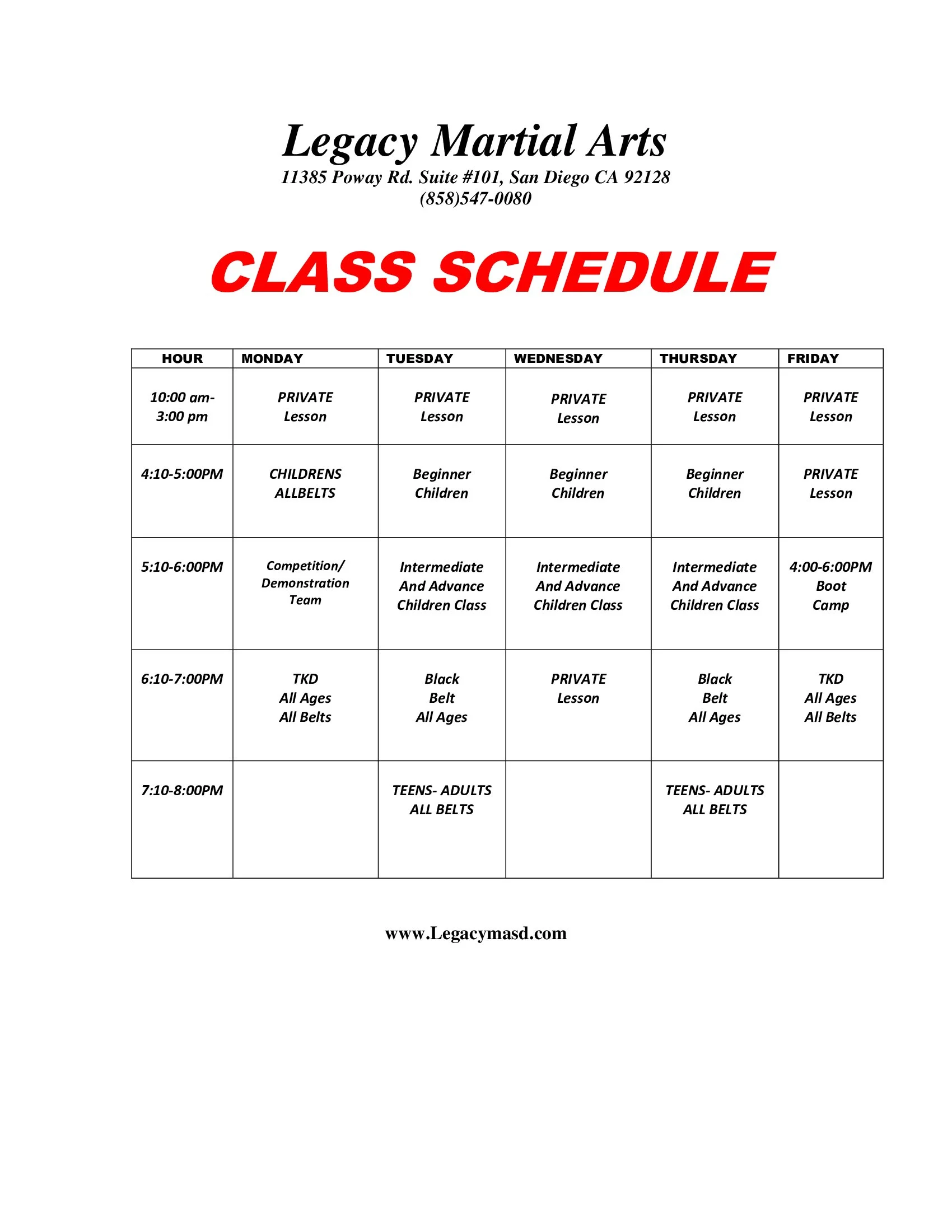 Classes & Schedule — Legacy Martial Arts