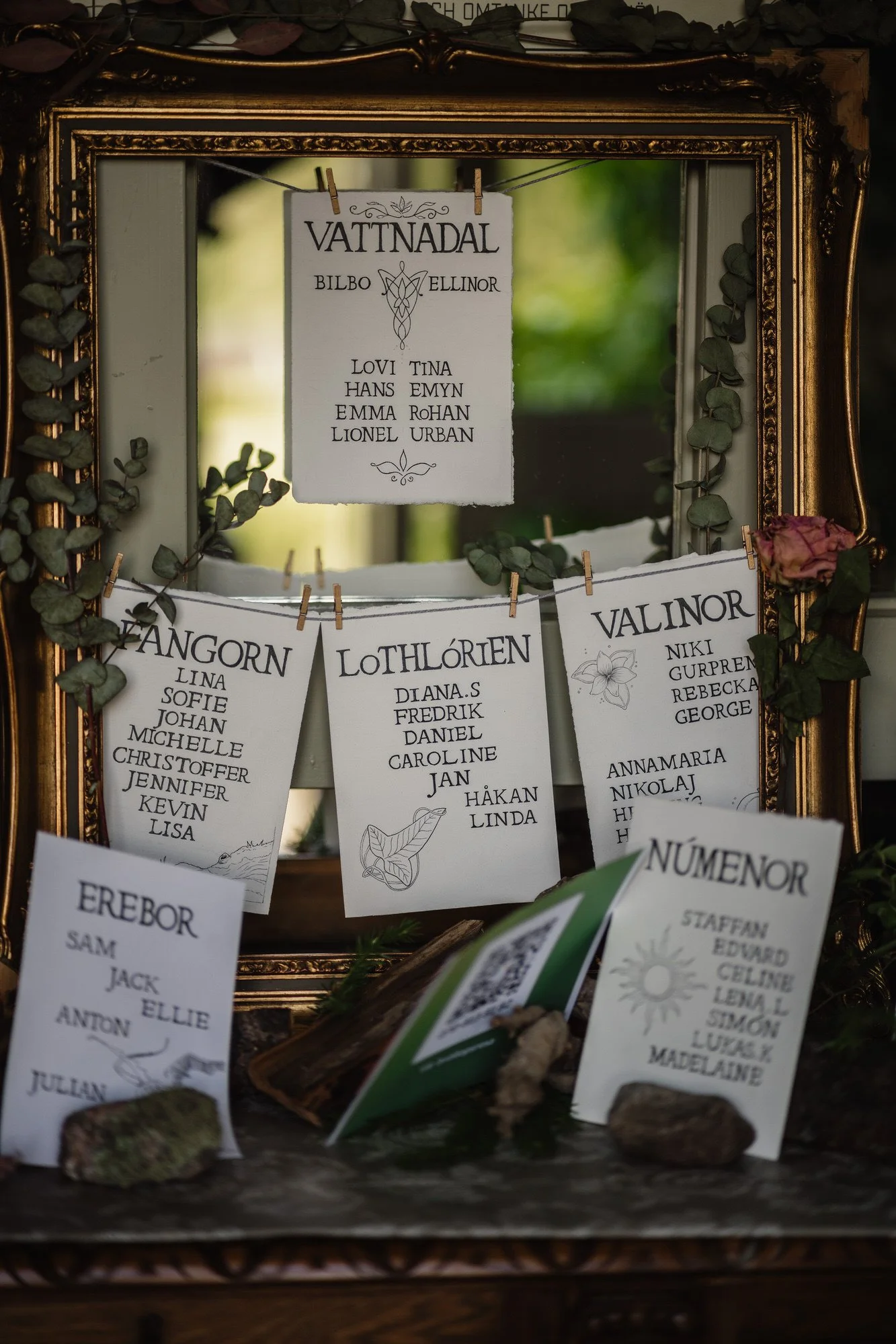 En guldfärgad dekorativ ram som omger små pappersblad med namnen på olika växtarter, hängande med små träpinnar i en tråd, omgivna av gröna blad och kvistar.