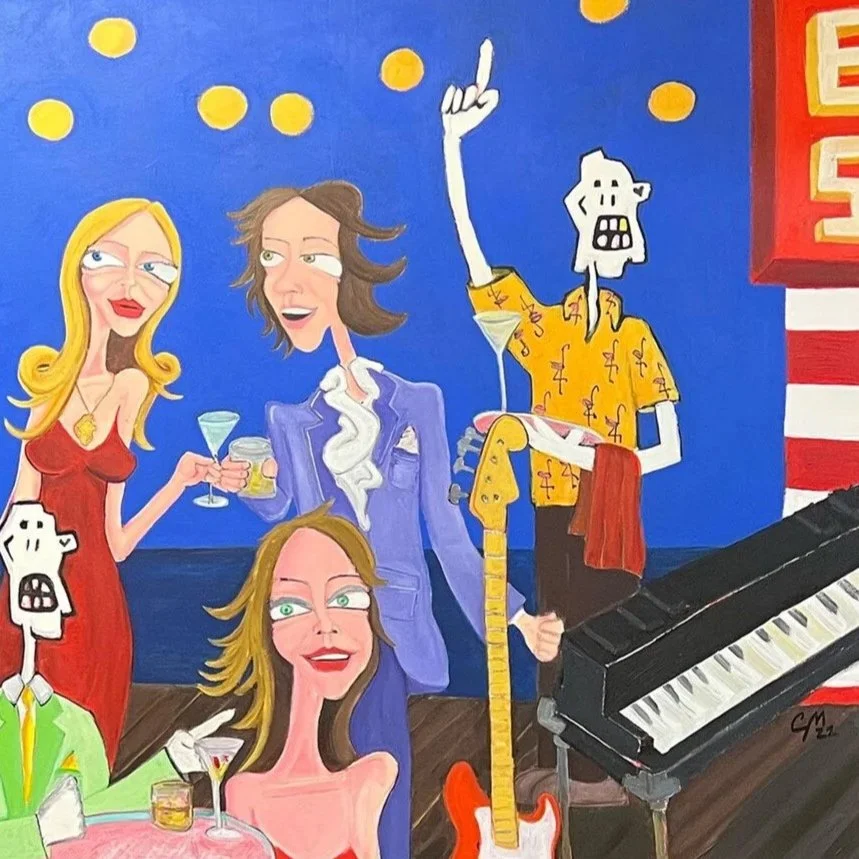 Last Call at Joe’s is an original acrylic painting by Miami-based contemporary pop surreal artist Camilo Martinez. Set within a surreal piano bar scene, the artwork brings together recurring characters from Martinez’s symbolic universe