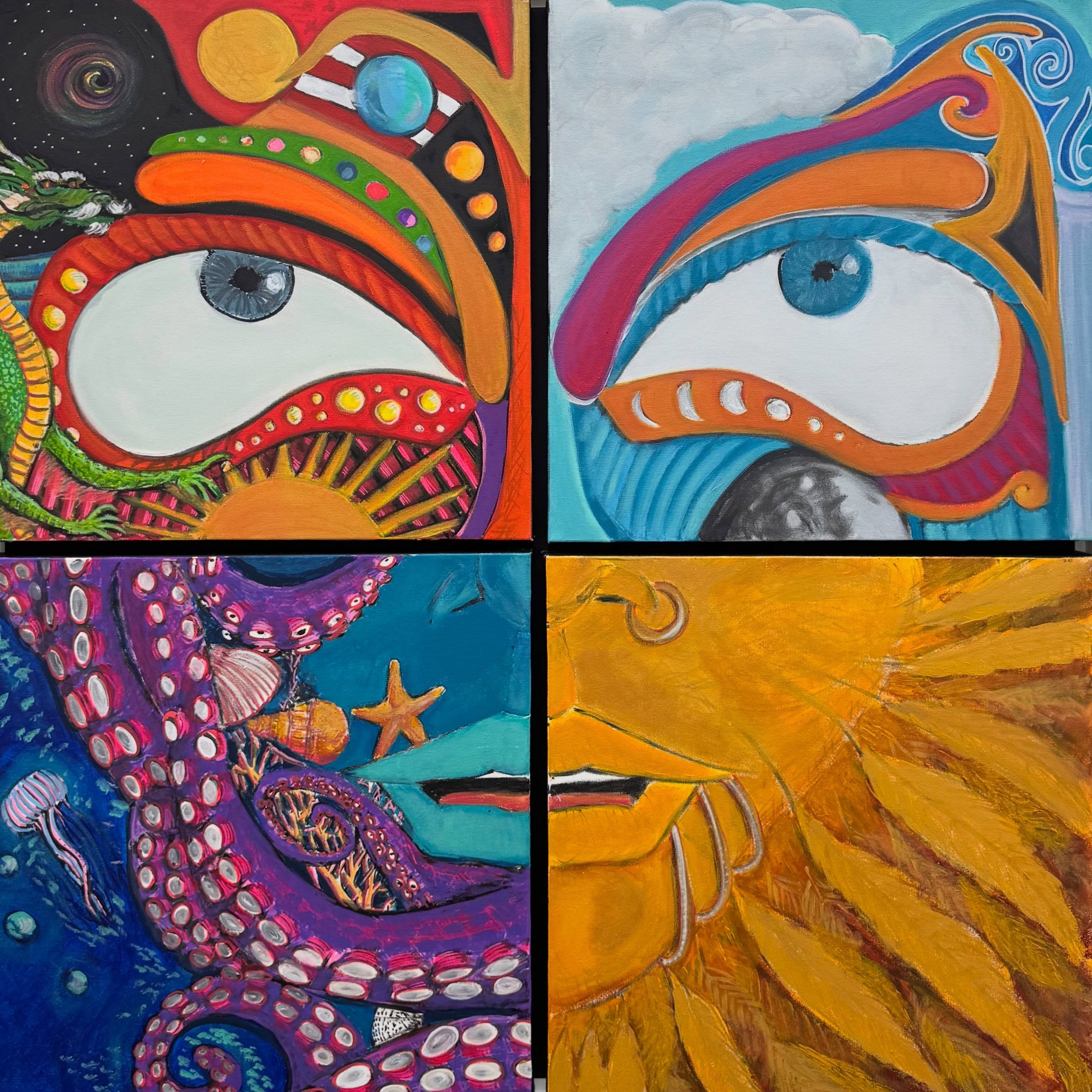 Title: Fragments of Self
Medium: Acrylic on Canvas
Size: 48 &times; 48 in (Framed)
Year: 2025
Series: Unspoken Eyes
Original Artwork by Camilo Martinez

Fragments of Self reflects how different emotions, memories, and experiences can exist within us 