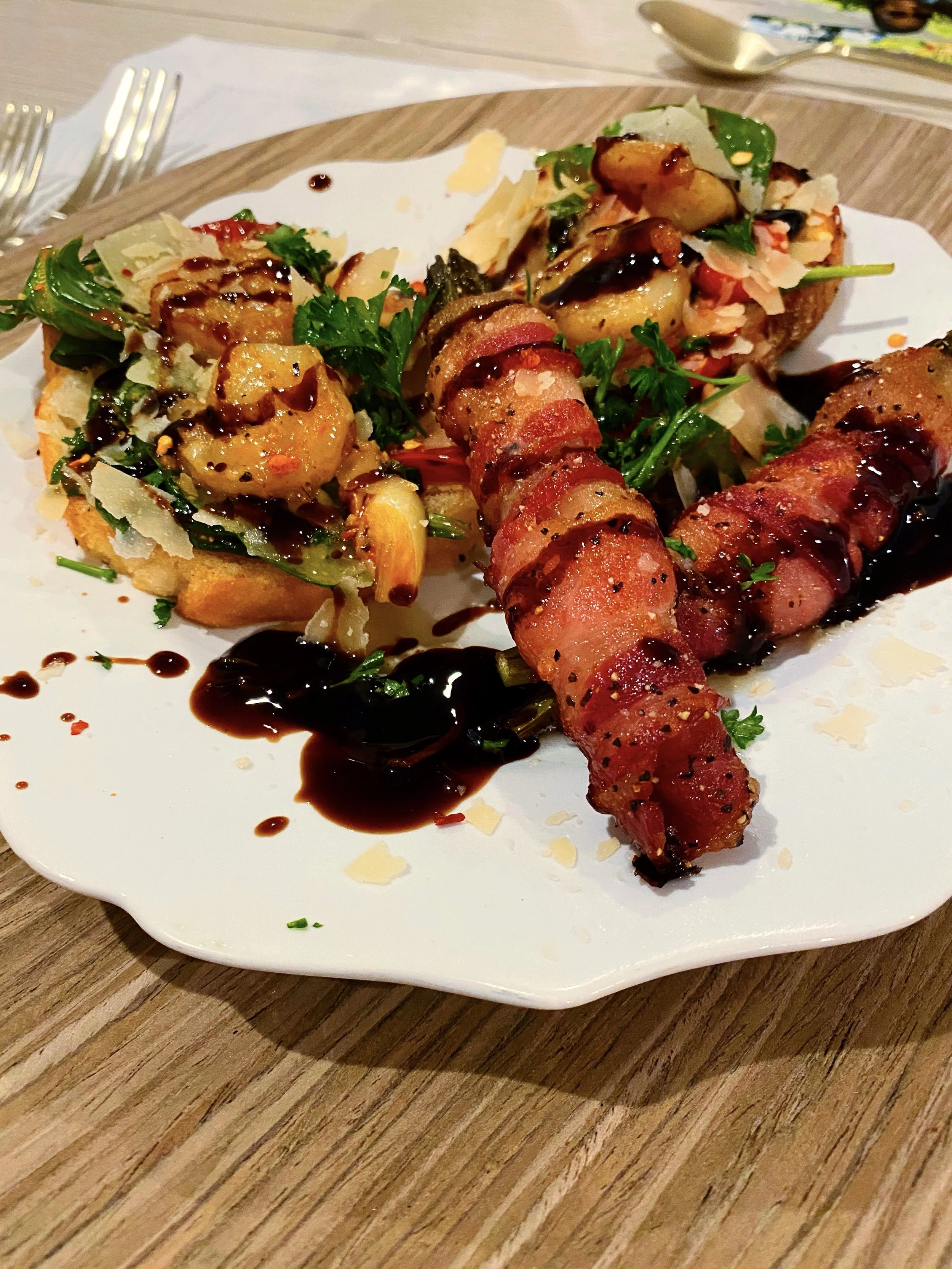 Shrimp Canapes with Bacon wrapped asparagus topped with sweet balsamic glaze!