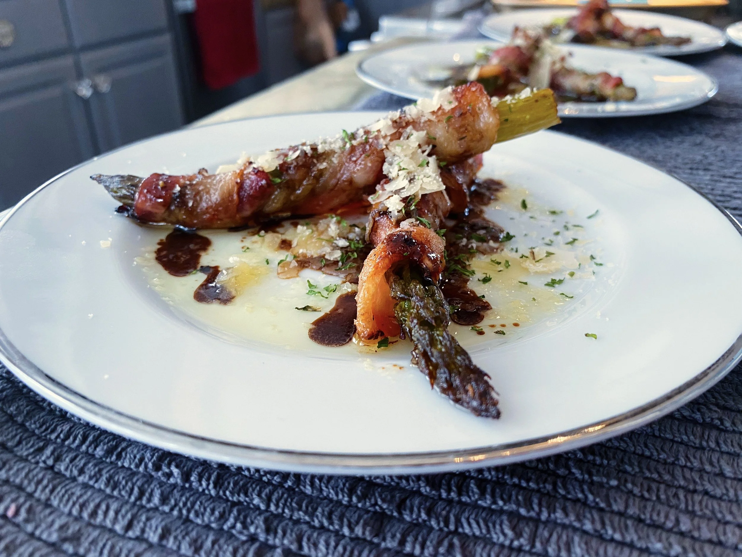 Bacon Wrapped Asparagus Topped with Sweet Balsamic Glaze and Parmesan