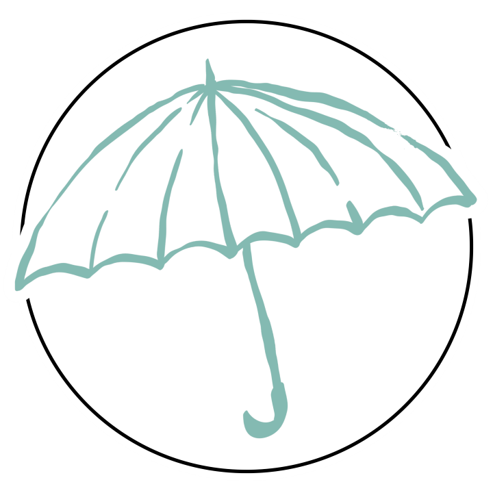 A light teal outline of an umbrella inside a circular border.