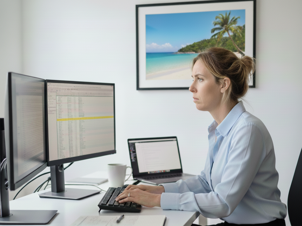 a woman showing she is very productive at work but she is looking also at the vacation spot picture hanging on the wall
