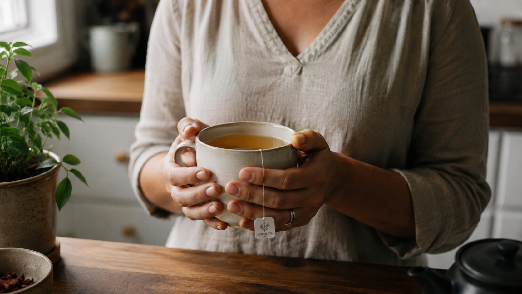 "Woman warming her hands around a mug of herbal tea in her kitchen — Ayurvedic morning rituals for perimenopause relief"