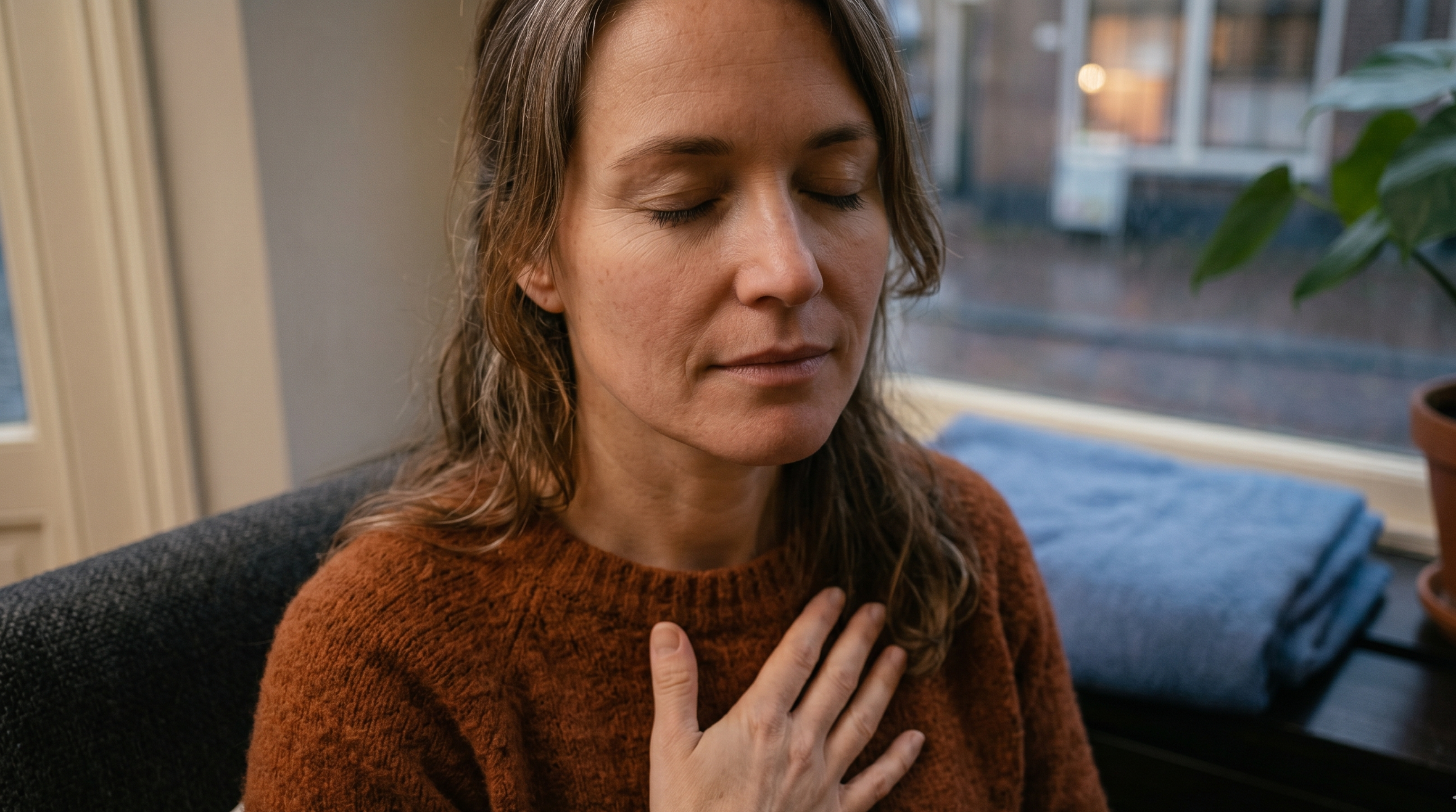 Something calm and body-focused. Eyes closed, hand on chest.