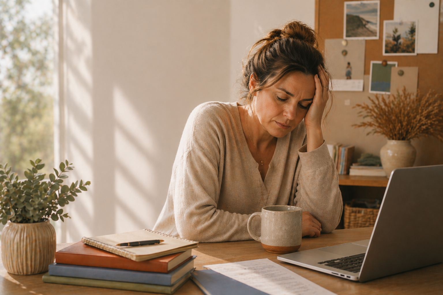 Contemplative moment of a high achieving woman in a cozy workspace