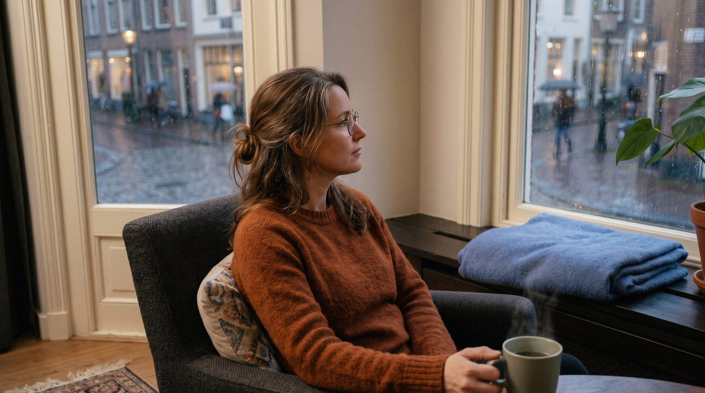 Warm lifestyle photo. A woman sitting quietly with coffee, looking out a window. Not working. Not smiling. Just still.