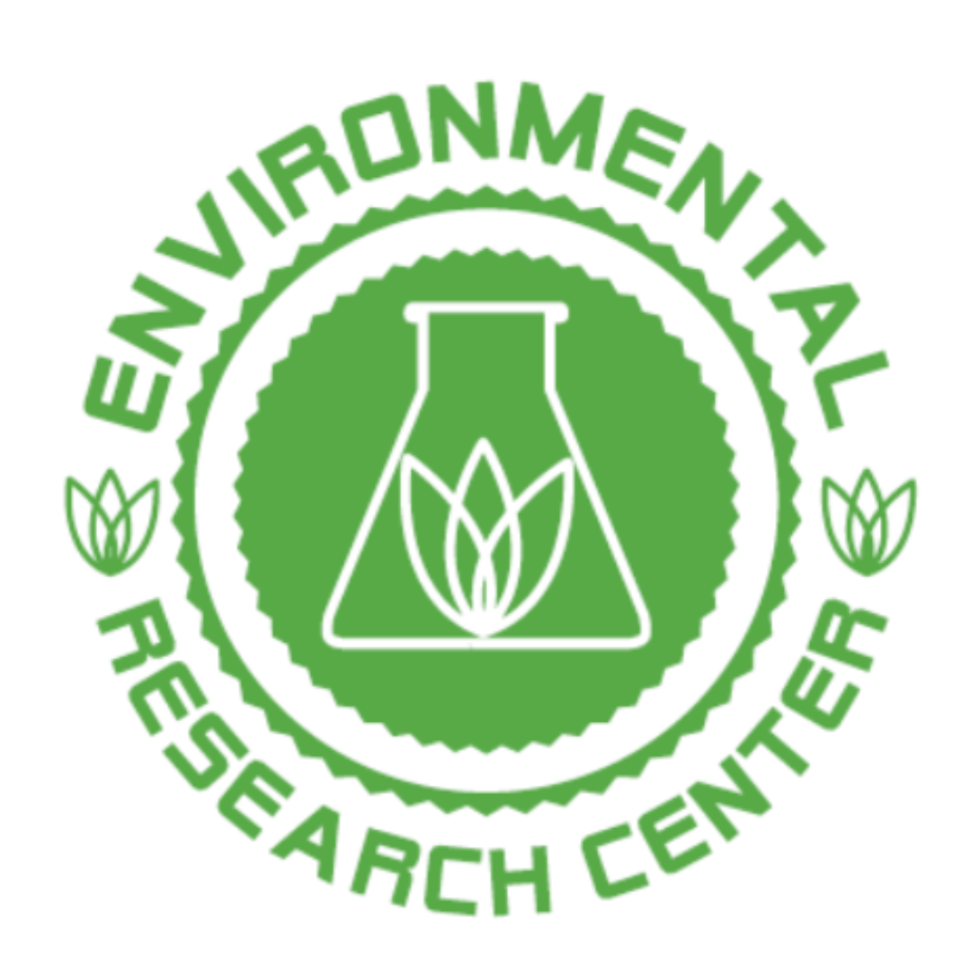Green circular logo of the Environmental Research Center featuring a laboratory flask with a leaf design inside, surrounded by the words "Environmental Research Center" with leaf motifs on either side.